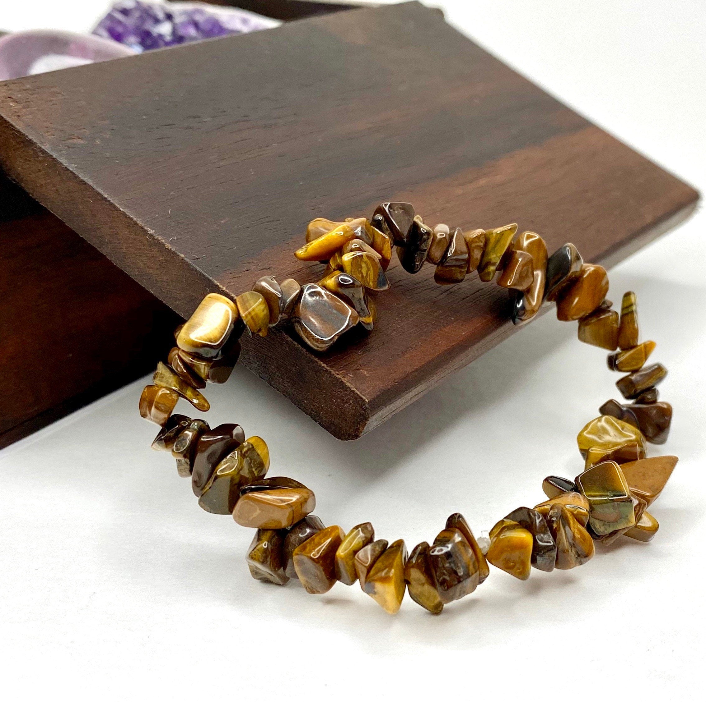 Tiger Eye Crystal Chip Bracelet: Beaded Gemstone Stretch Bracelet