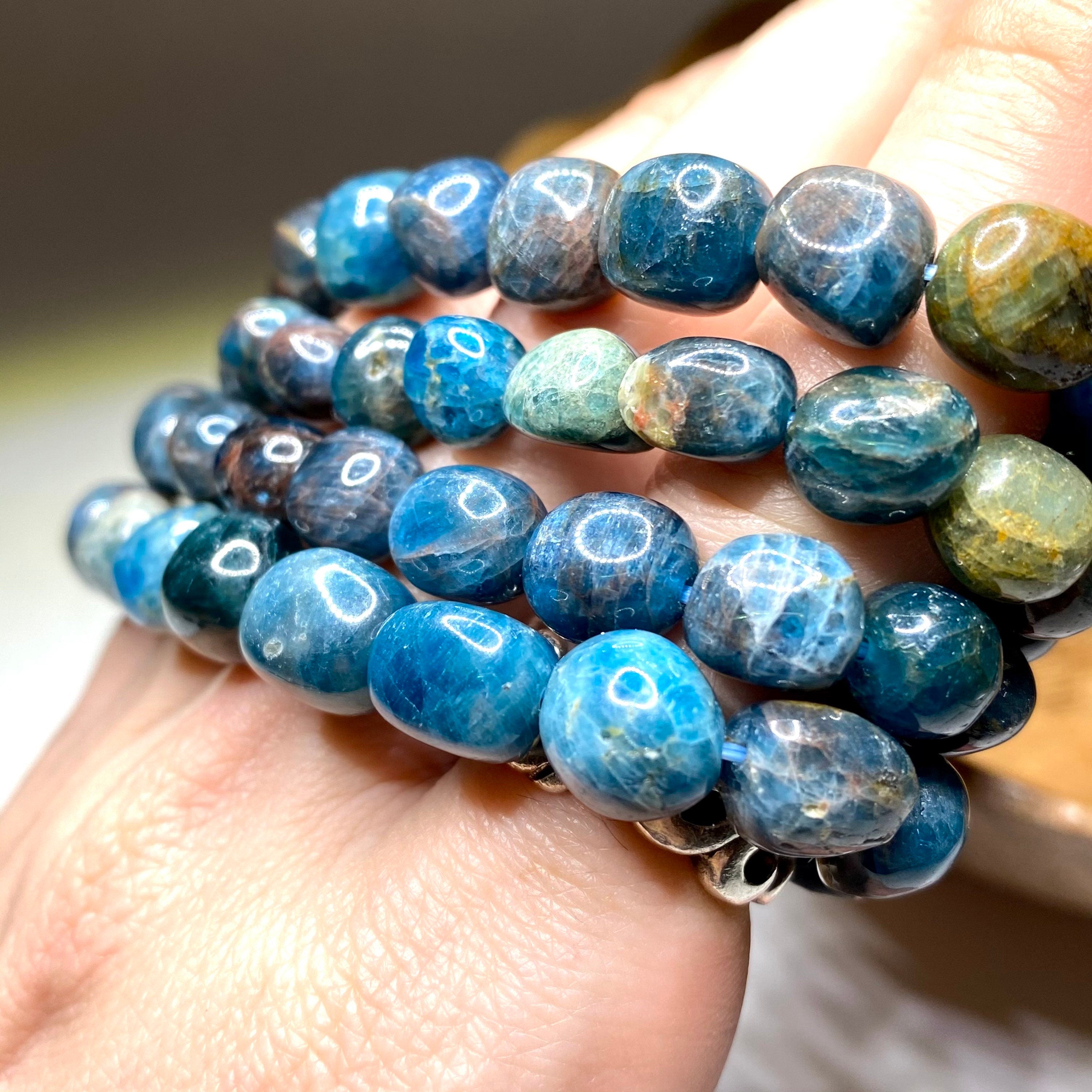 Blue Apatite Crystal Bracelet: 8mm Gemstone Beaded Stretch Bracelet
