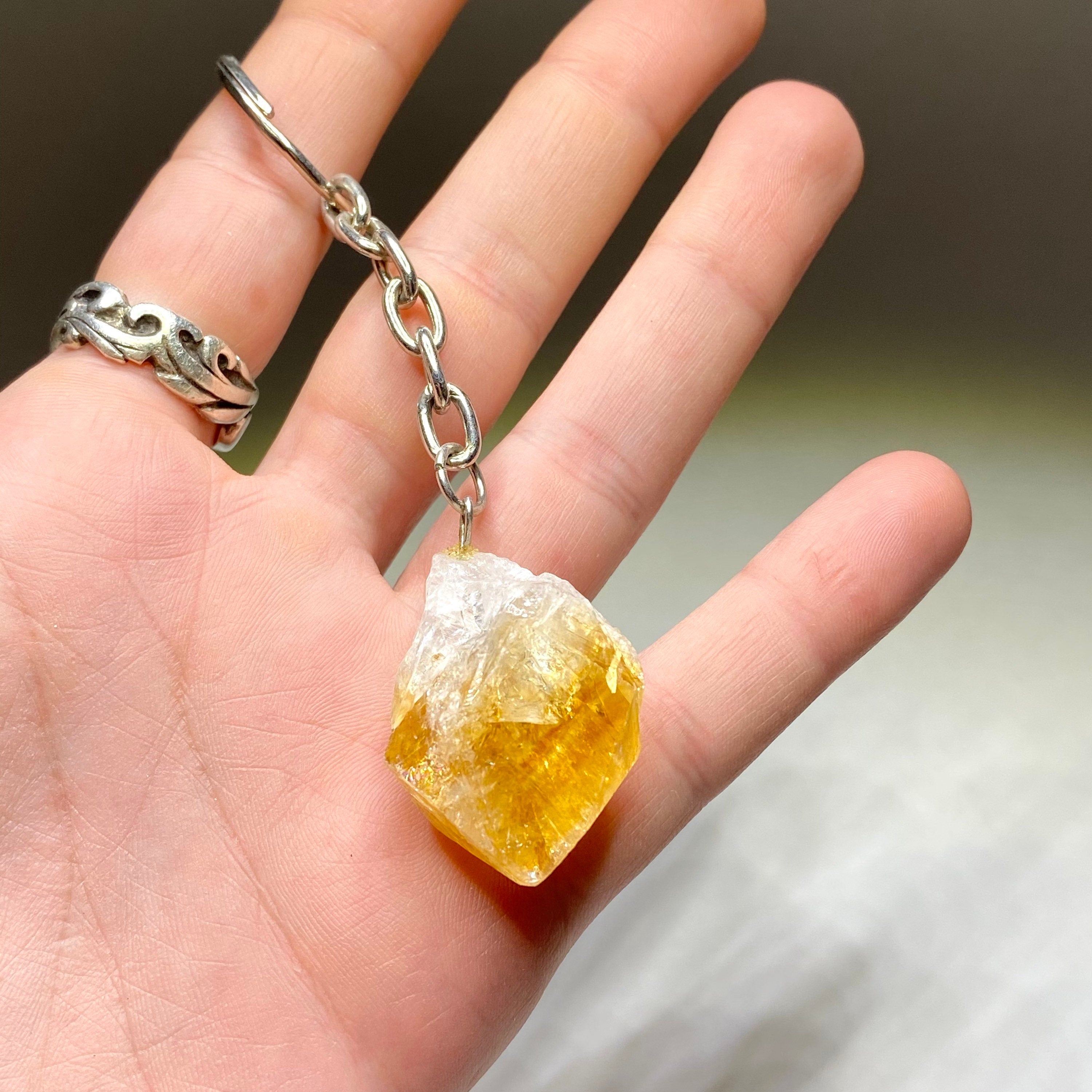 Raw Citrine Point Crystal Keychain