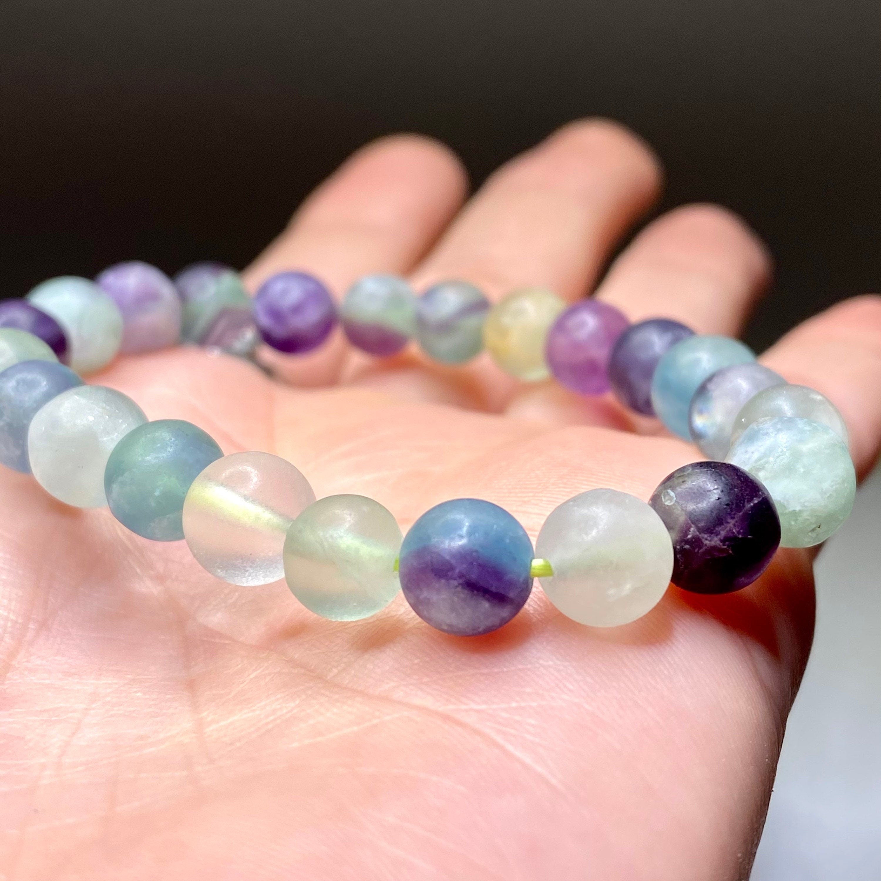 Rainbow Fluorite Crystal Bracelet: Handmade Gemstone Beaded Bracelet, 8mm Matte Bead