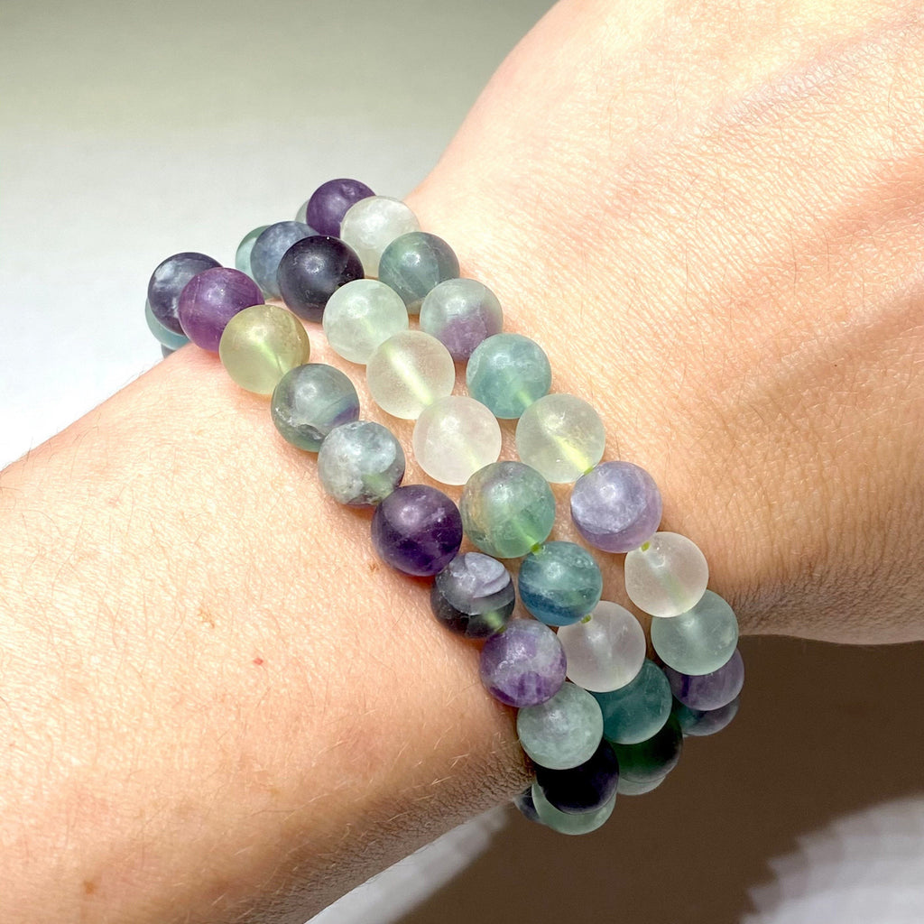 Rainbow Fluorite Crystal Bracelet: Handmade Gemstone Beaded Bracelet, 8mm Matte Bead