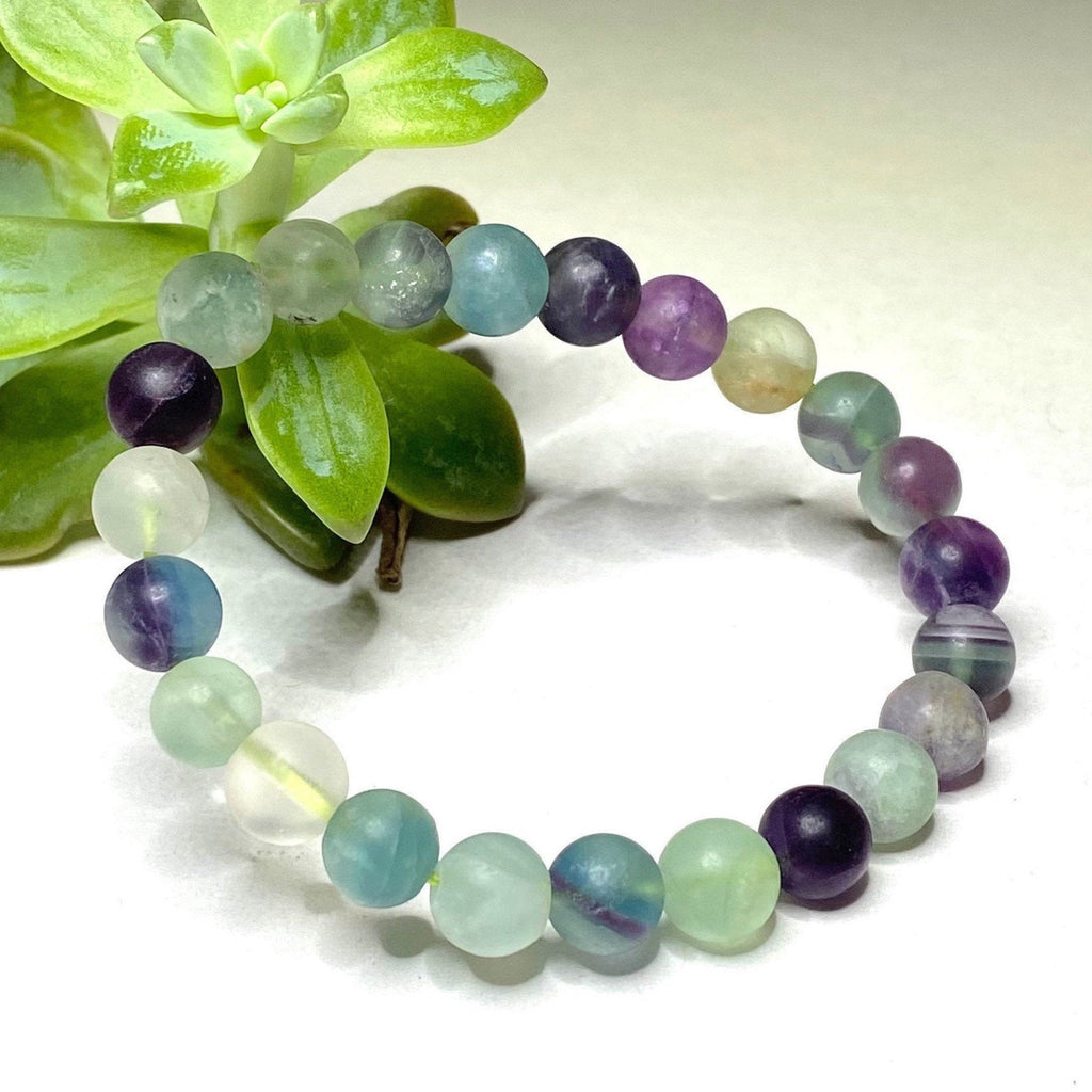 Rainbow Fluorite Crystal Bracelet: Handmade Gemstone Beaded Bracelet, 8mm Matte Bead
