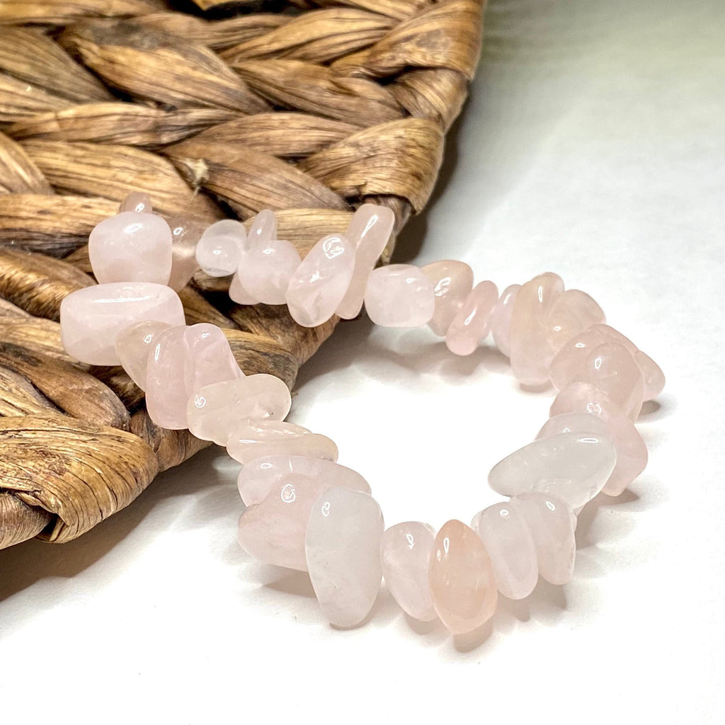 Rose Quartz Crystal Chip Bracelet: Gemstone Beaded Stretch Bracelet