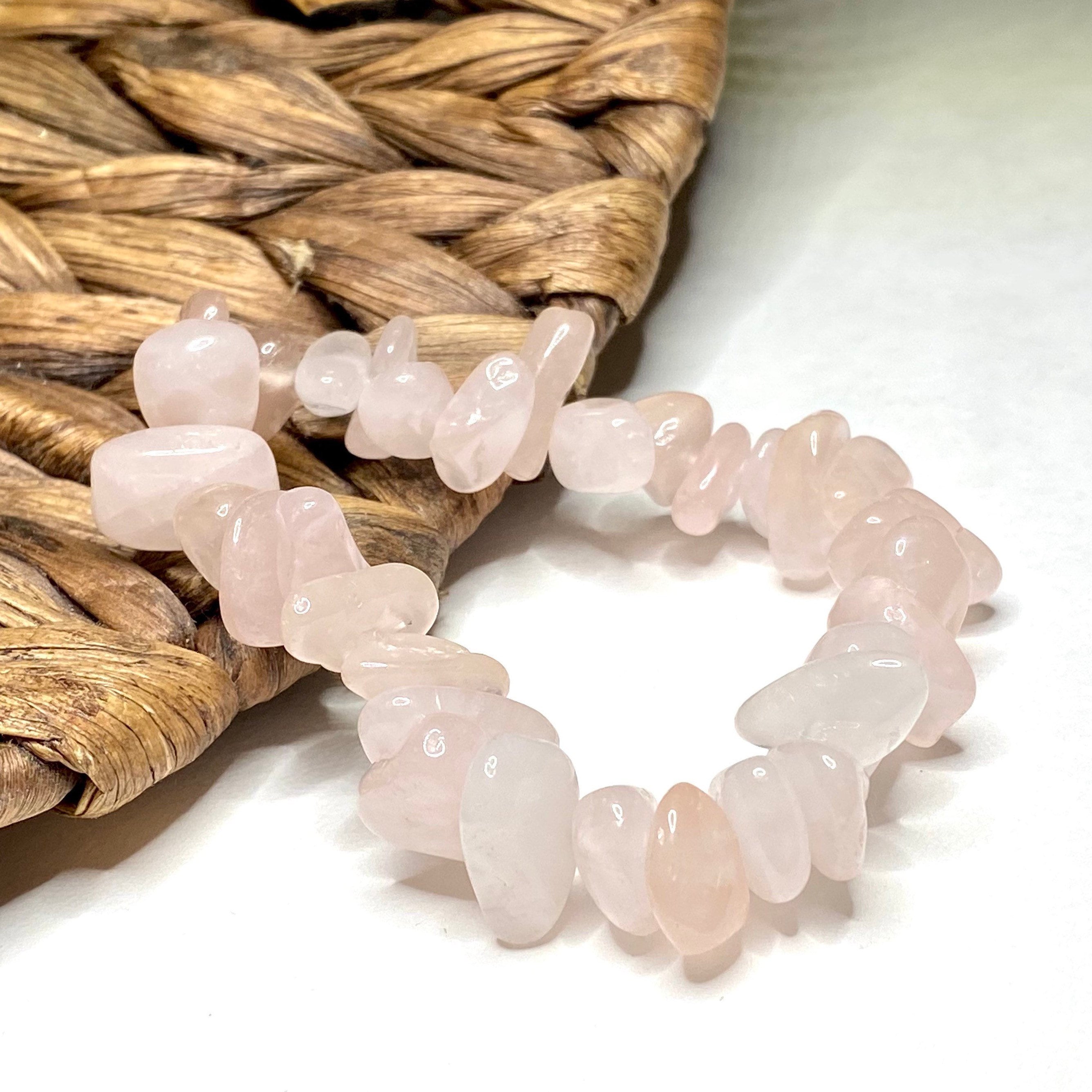 Rose Quartz Crystal Chip Bracelet: Gemstone Beaded Stretch Bracelet