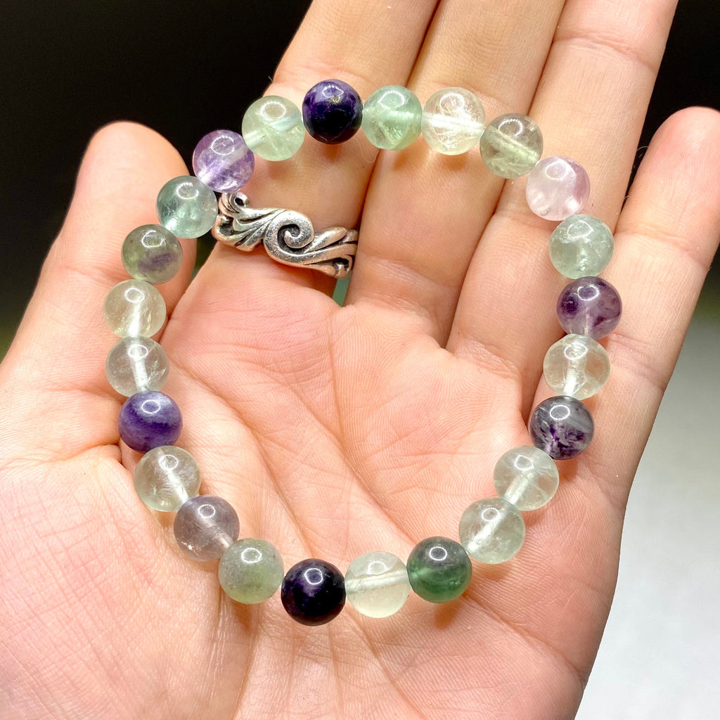 Rainbow Fluorite Crystal Bracelet: Gemstone Beaded Stretch Bracelet