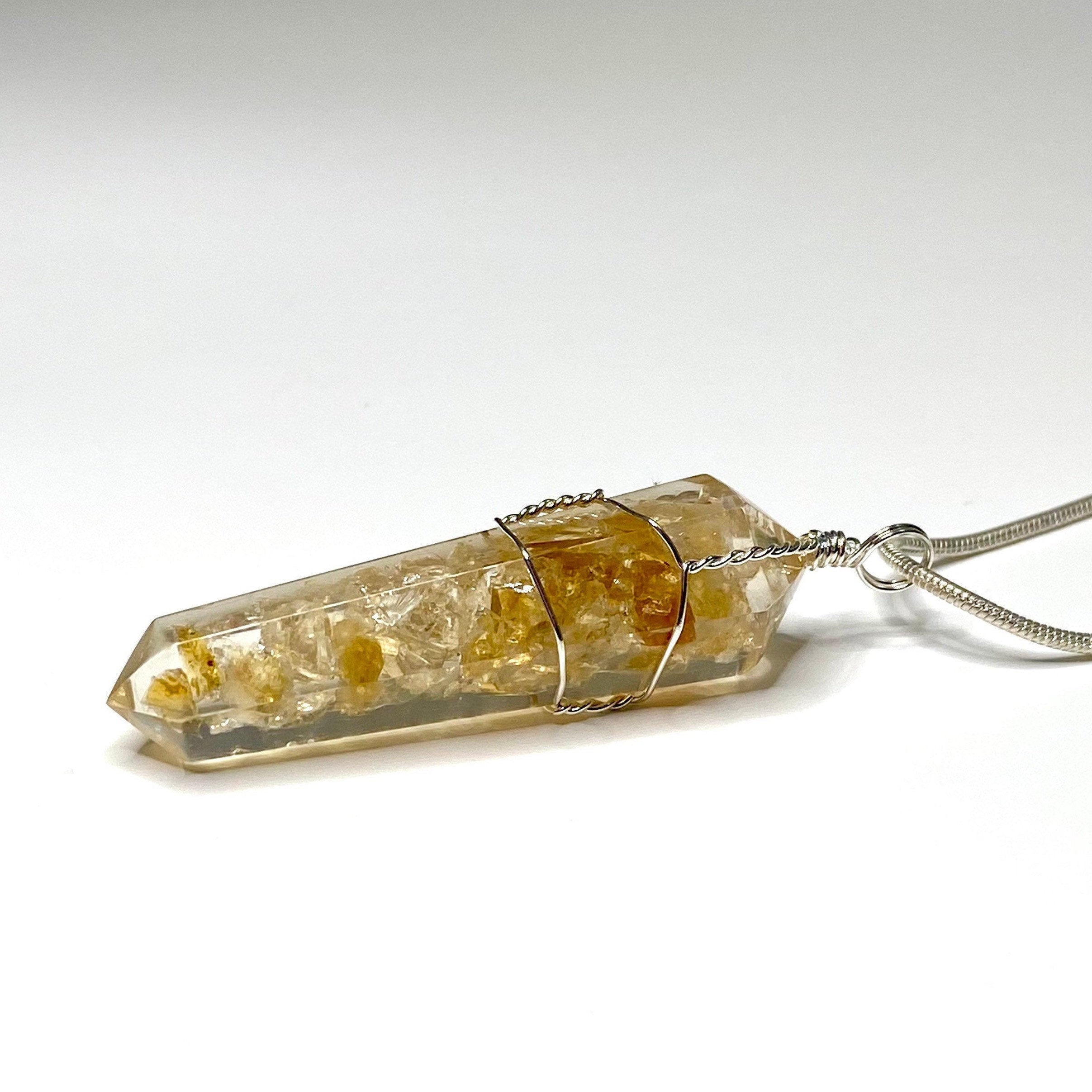 Citrine in Orgonite Wire Wrapped Pendant Necklace