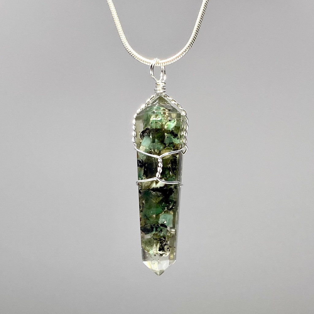 Emerald in Orgonite Wire Wrapped Pendant Necklace