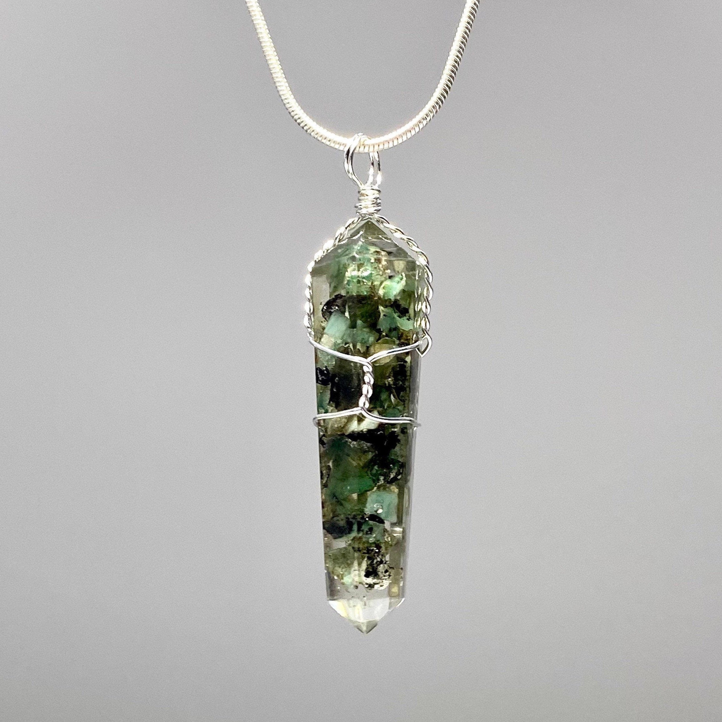 Emerald in Orgonite Wire Wrapped Pendant Necklace
