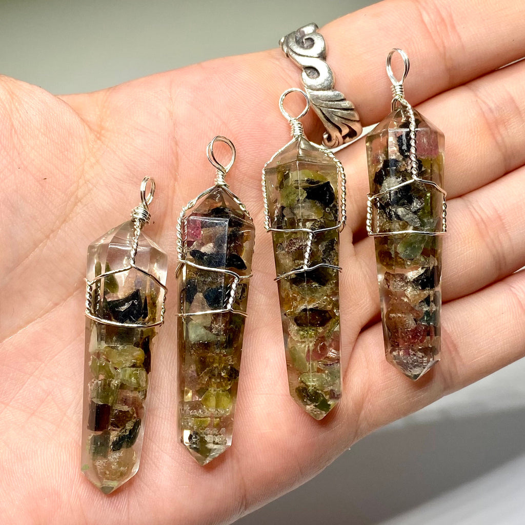 Watermelon Tourmaline in Orgonite Wire Wrapped Pendant Necklace