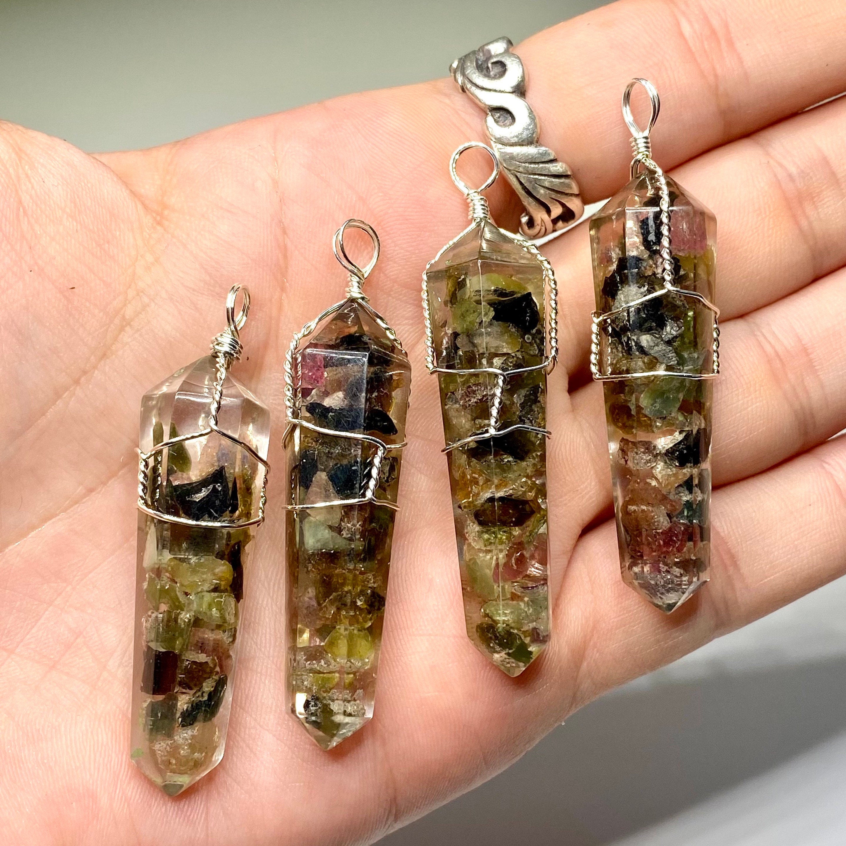 Watermelon Tourmaline in Orgonite Wire Wrapped Pendant Necklace
