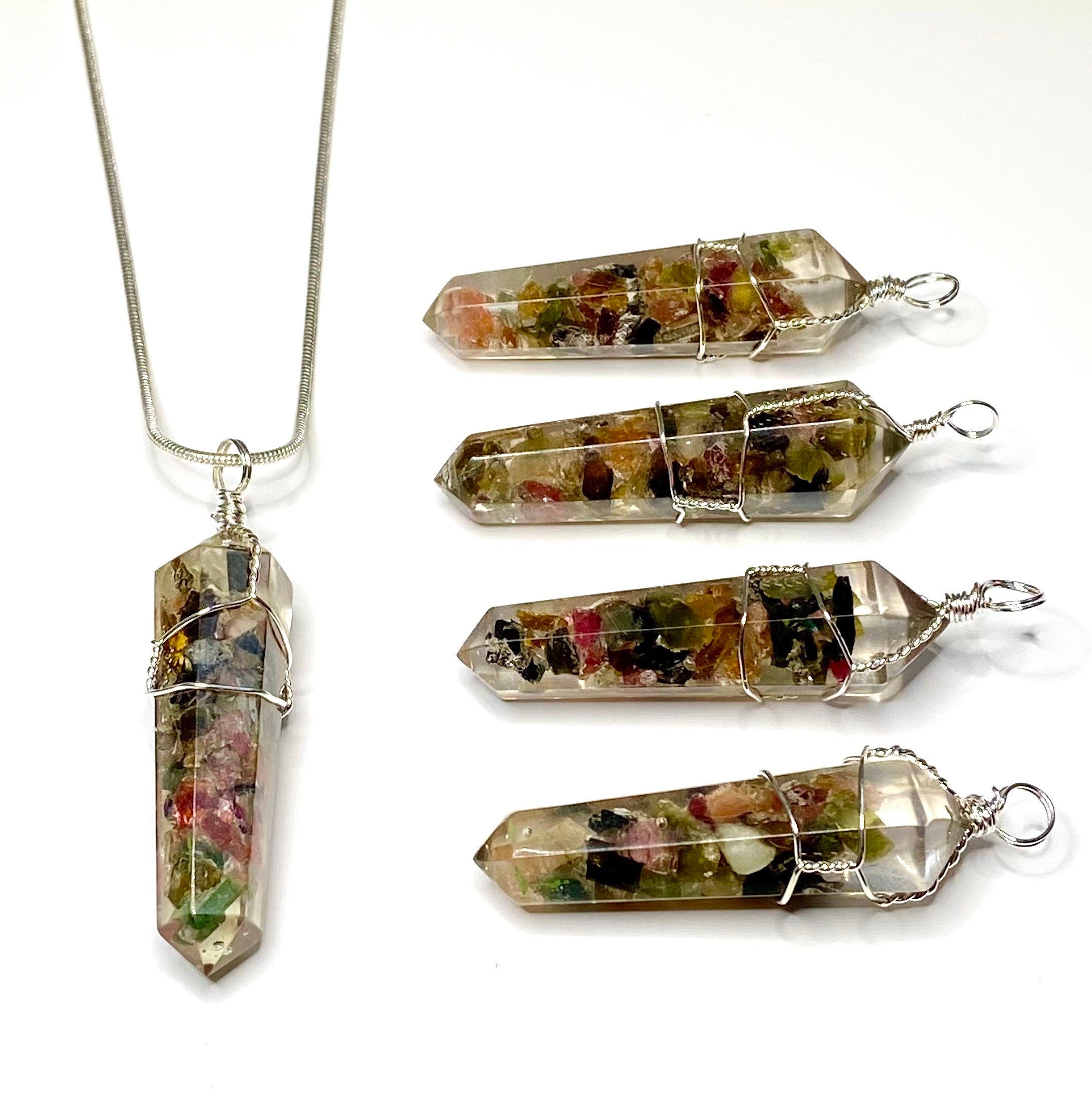 Watermelon Tourmaline in Orgonite Wire Wrapped Pendant Necklace