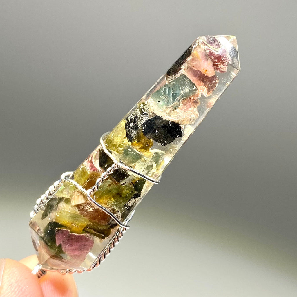Watermelon Tourmaline in Orgonite Wire Wrapped Pendant Necklace