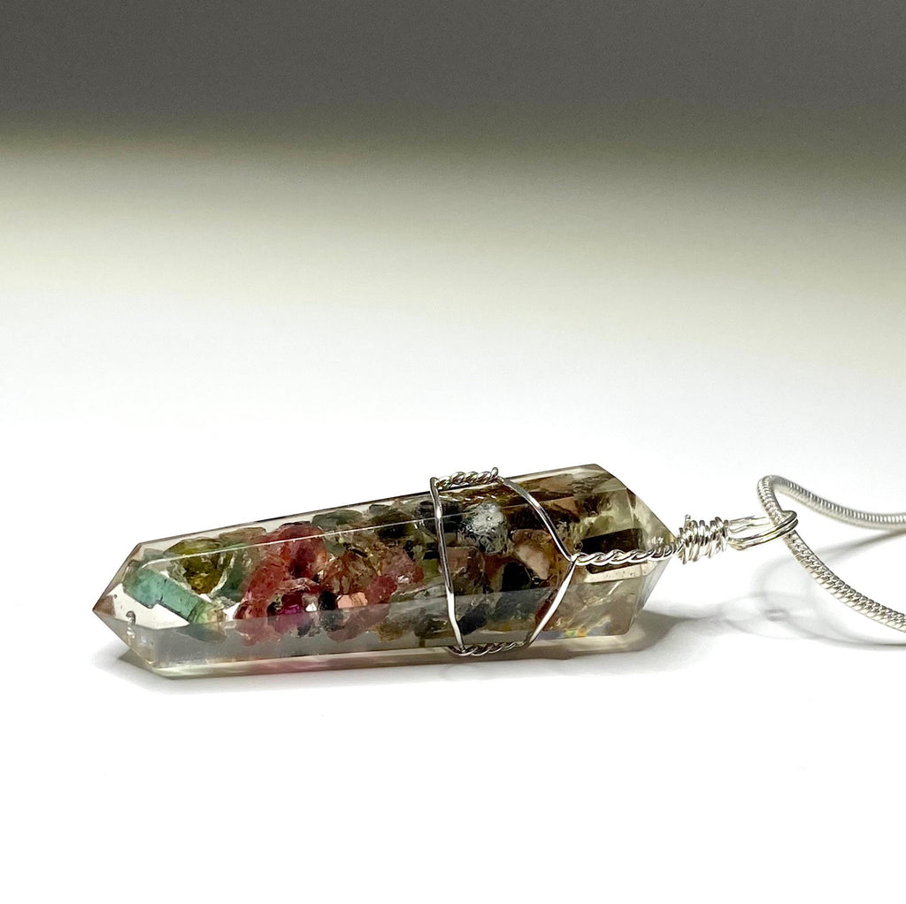 Watermelon Tourmaline in Orgonite Wire Wrapped Pendant Necklace