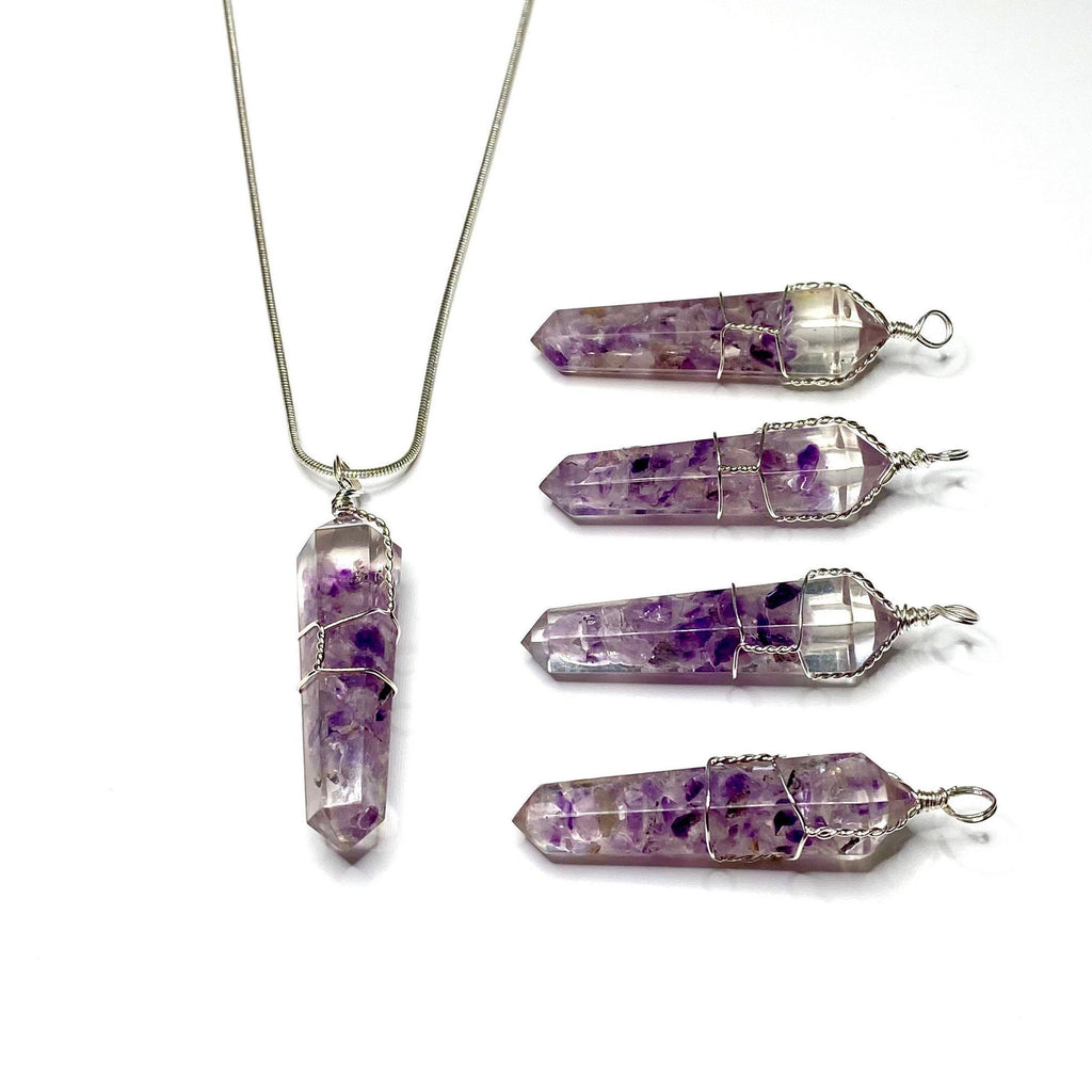 Amethyst in Orgonite Wire Wrapped Pendant Necklace