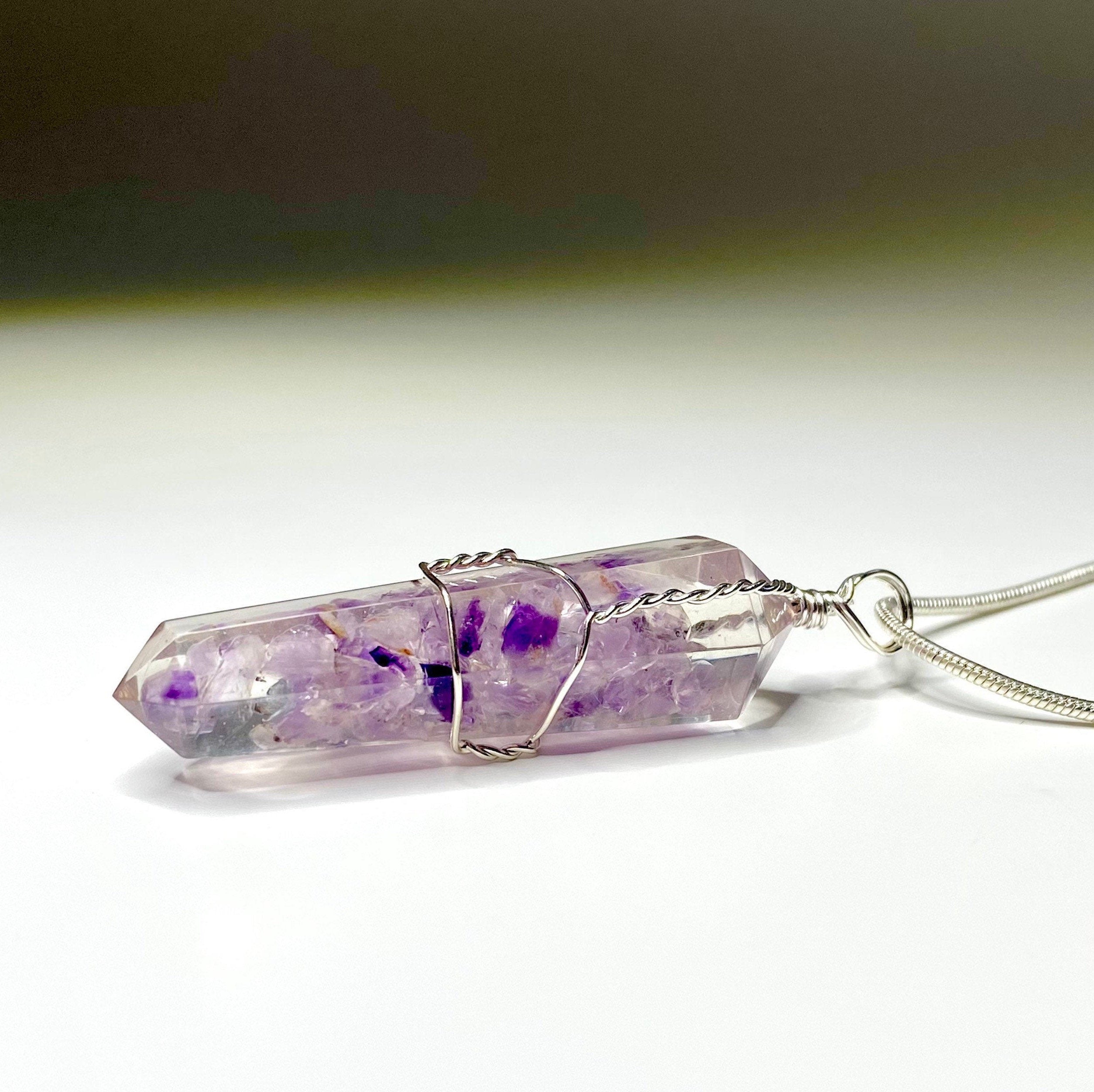 Amethyst in Orgonite Wire Wrapped Pendant Necklace