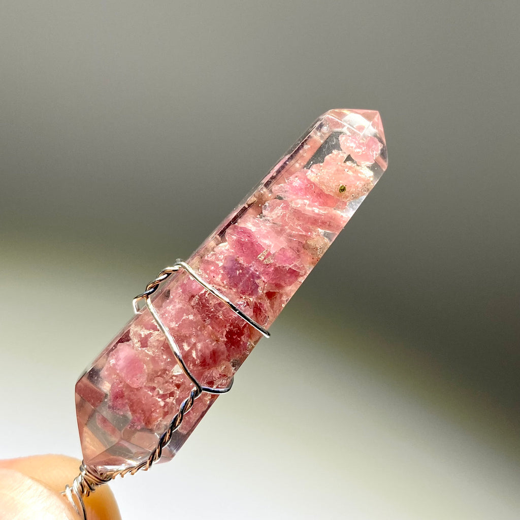 Pink Tourmaline in Orgonite Wire Wrapped Pendant Necklace