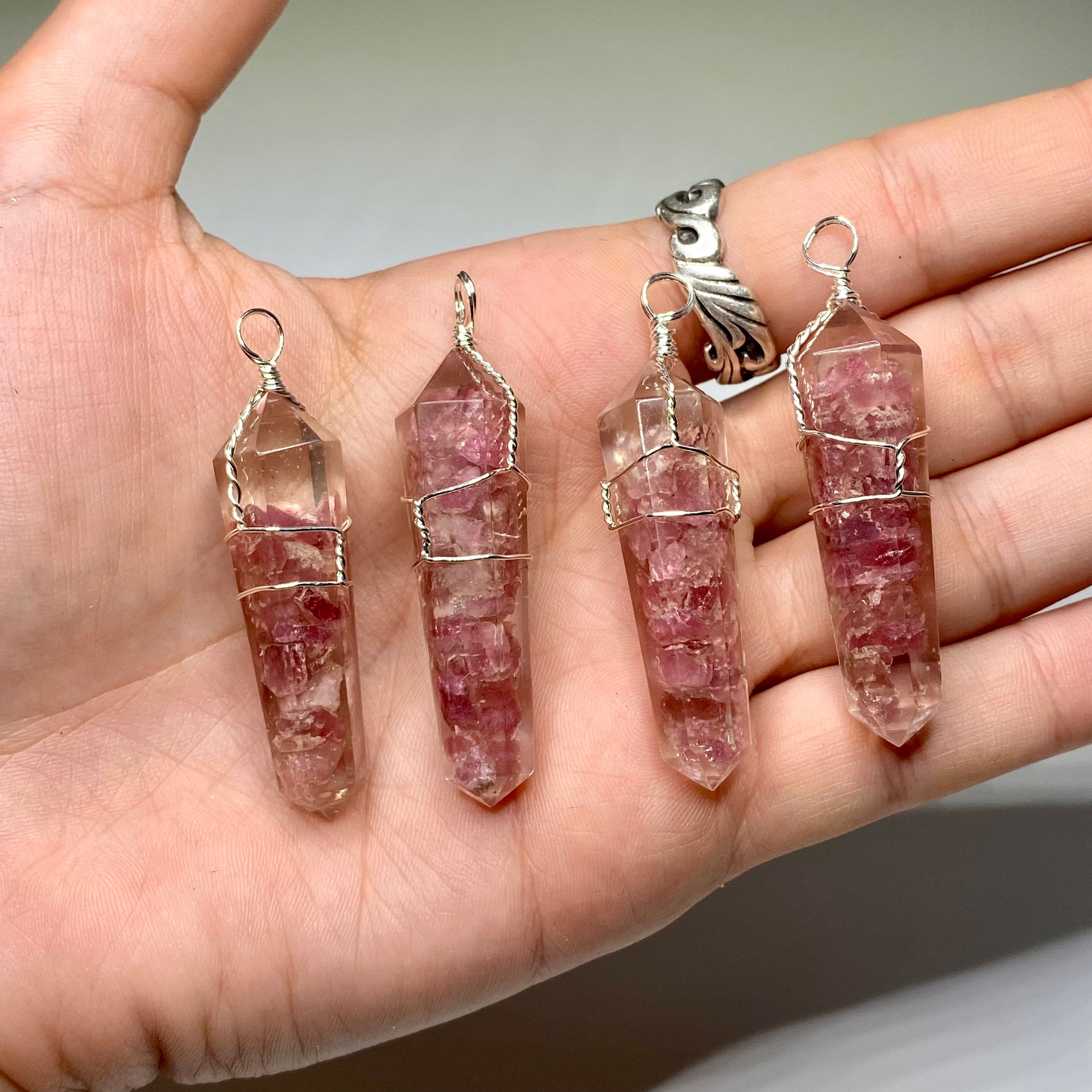 Pink Tourmaline in Orgonite Wire Wrapped Pendant Necklace