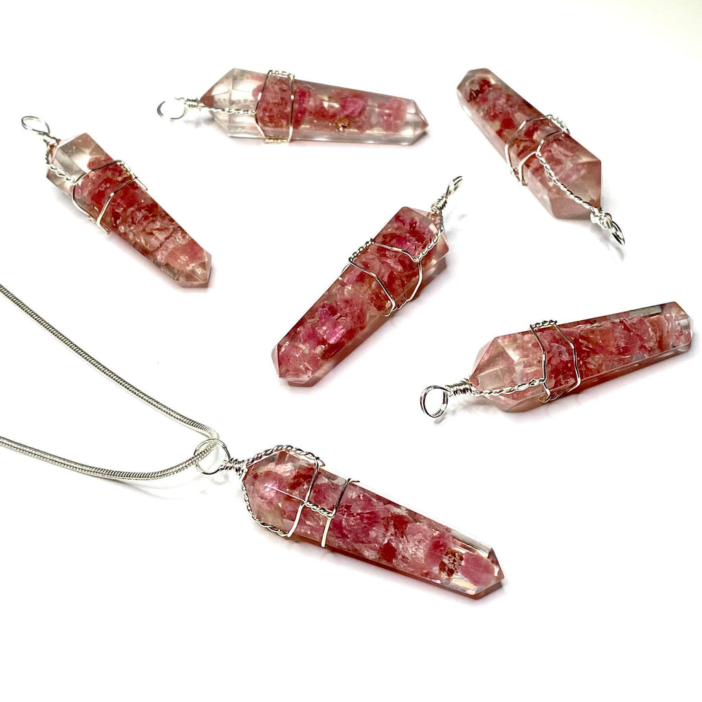 Pink Tourmaline in Orgonite Wire Wrapped Pendant Necklace