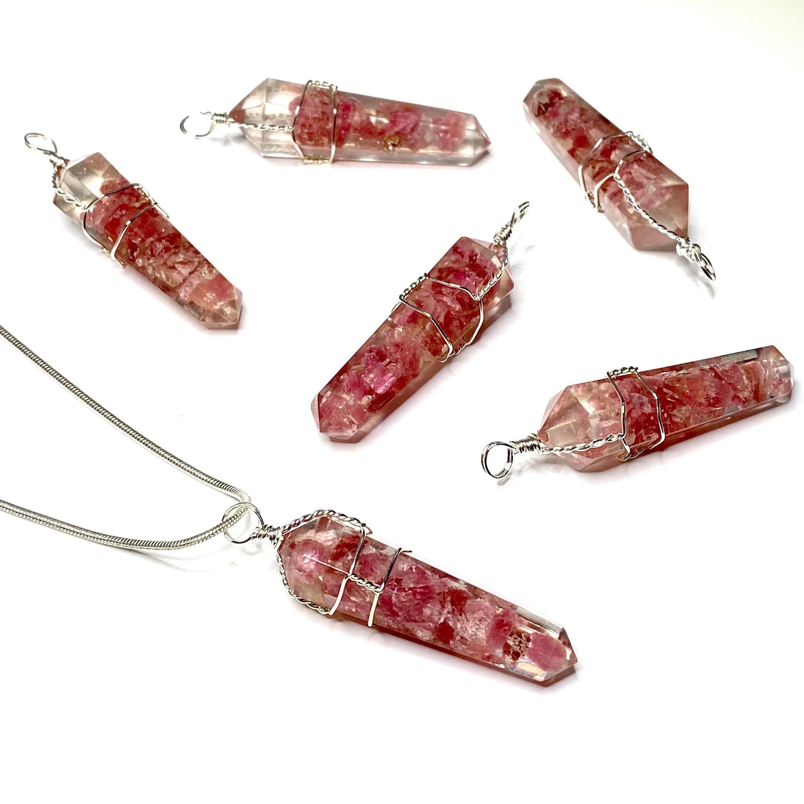 Pink Tourmaline in Orgonite Wire Wrapped Pendant Necklace