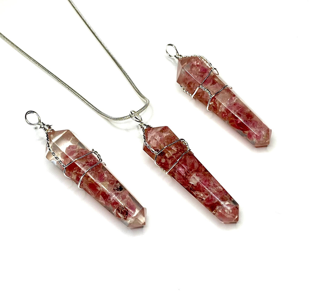 Pink Tourmaline in Orgonite Wire Wrapped Pendant Necklace