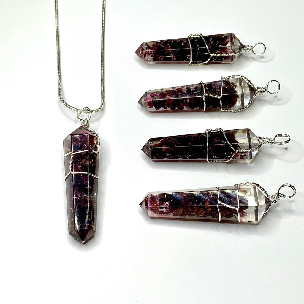Garnet in Orgonite Wire Wrapped Pendant Necklace