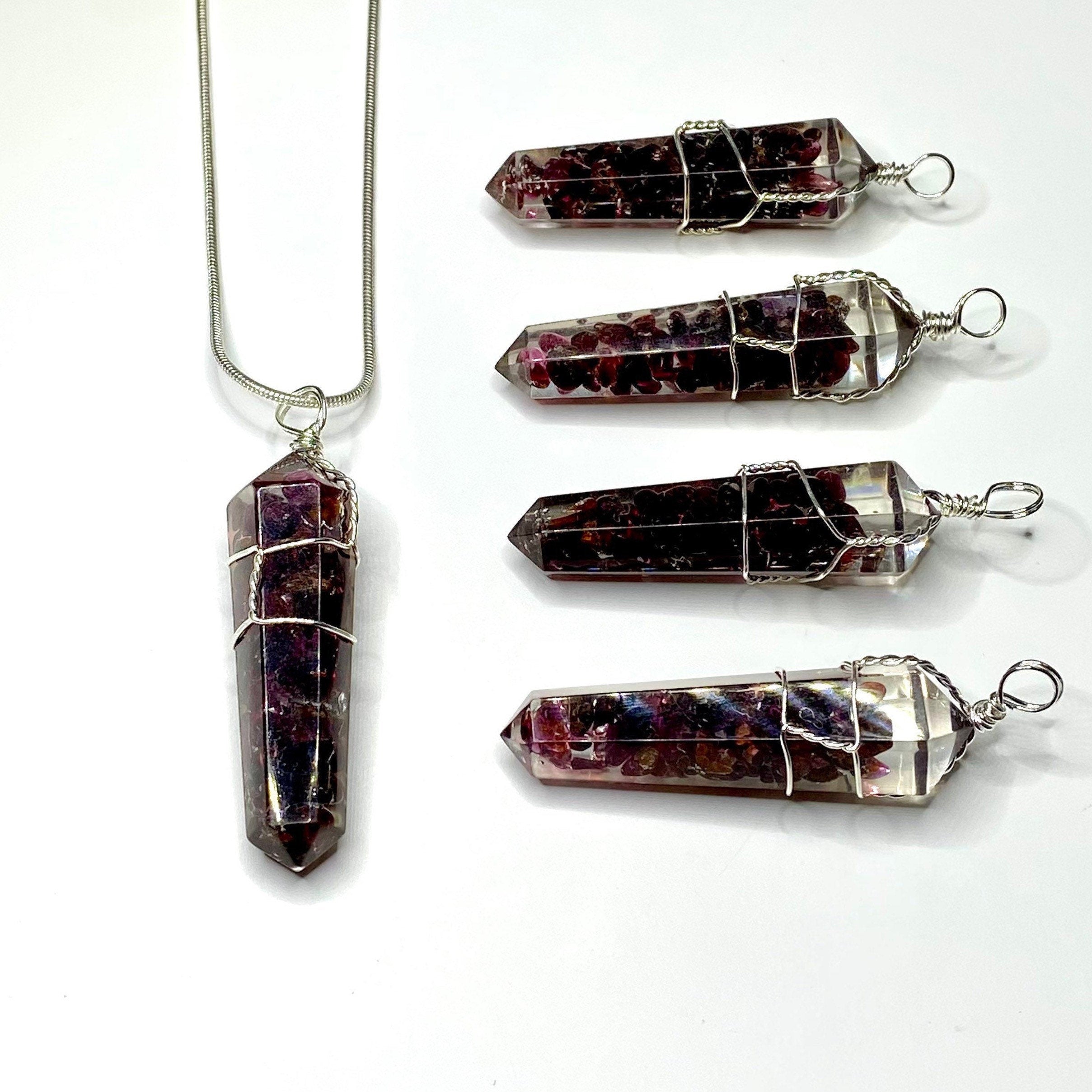 Garnet in Orgonite Wire Wrapped Pendant Necklace