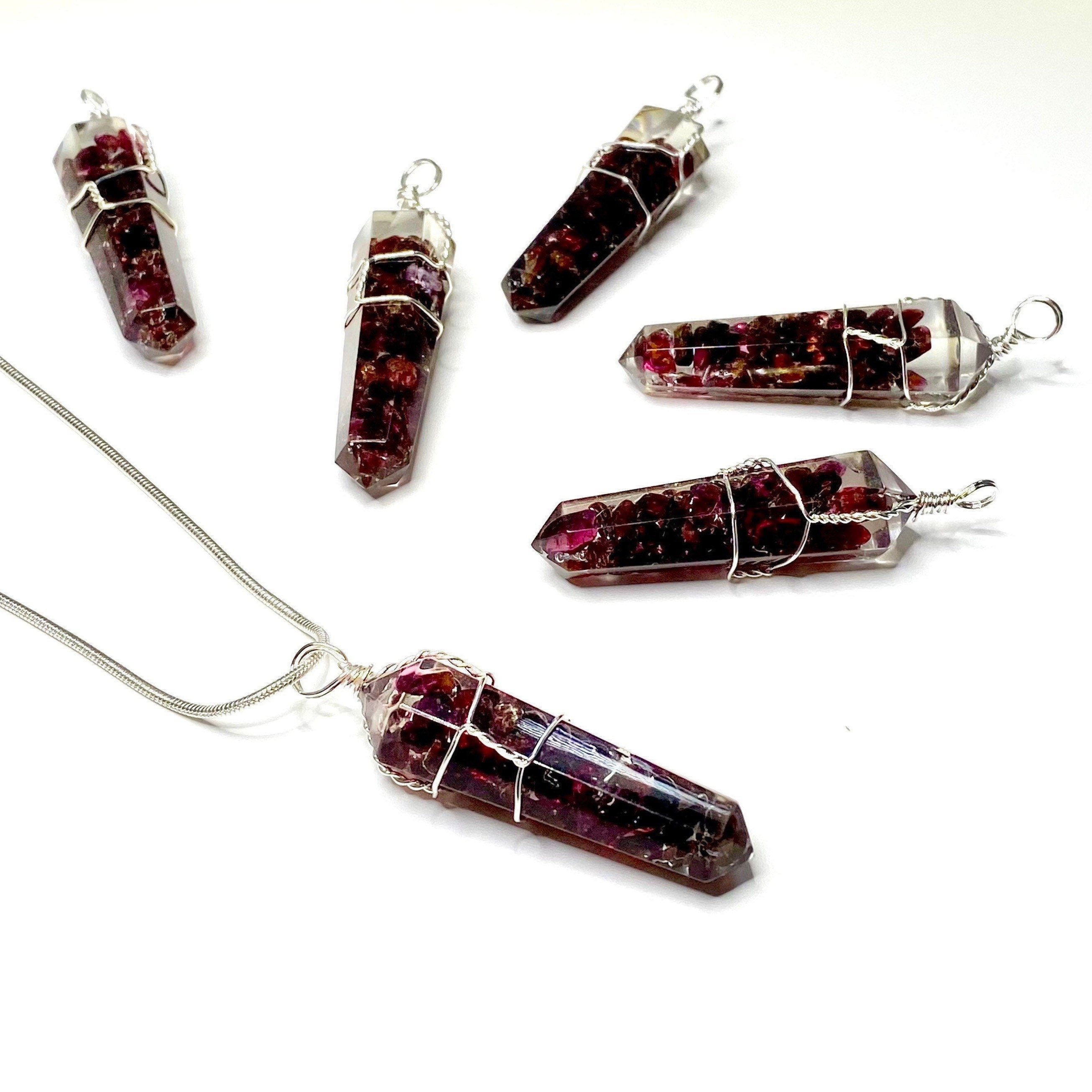 Garnet in Orgonite Wire Wrapped Pendant Necklace