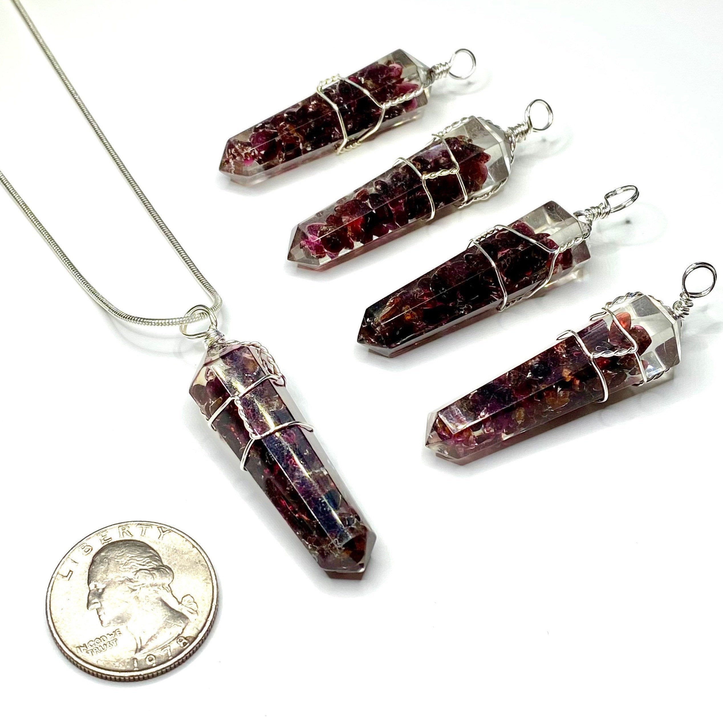 Garnet in Orgonite Wire Wrapped Pendant Necklace