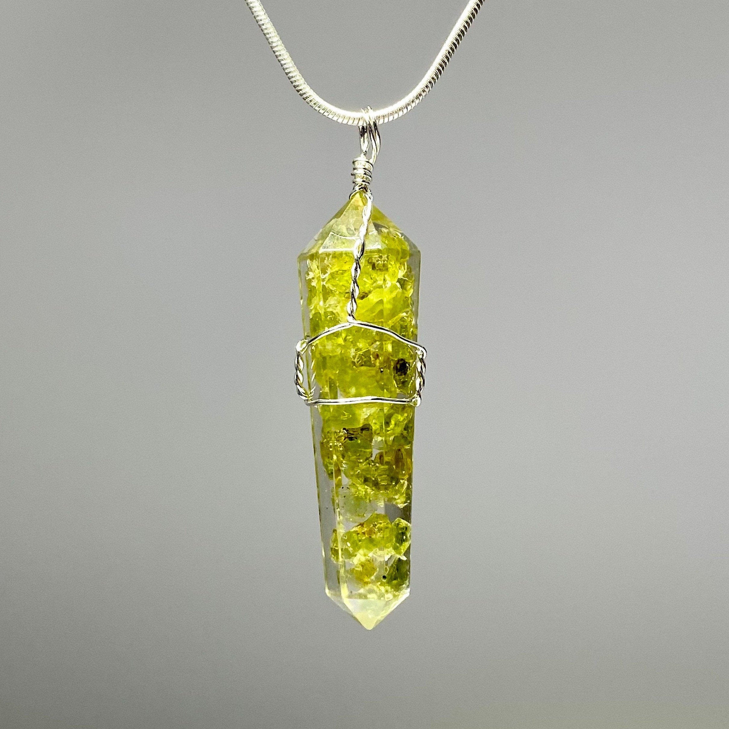 Peridot in Orgonite Wire Wrapped Pendant Necklace