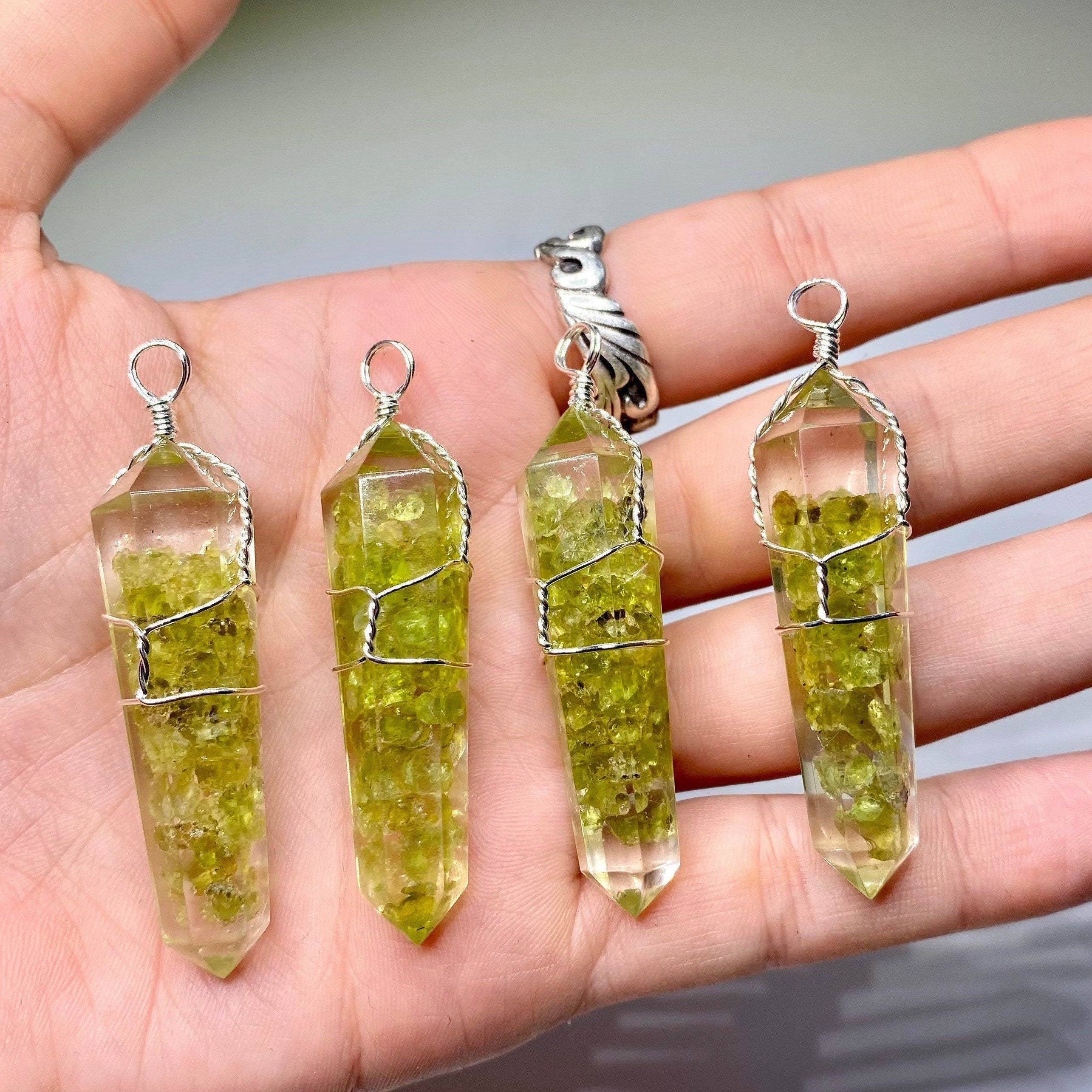 Peridot in Orgonite Wire Wrapped Pendant Necklace