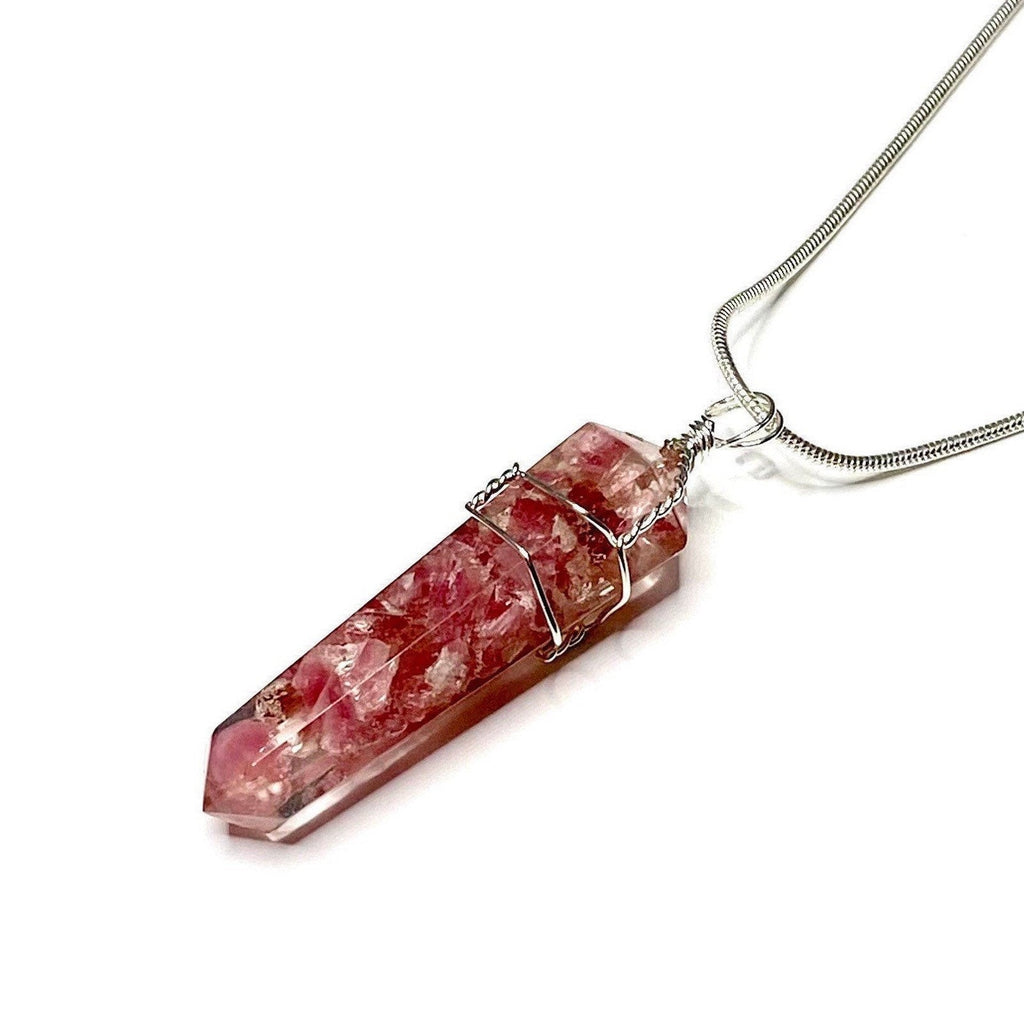 Pink Tourmaline in Orgonite Wire Wrapped Pendant Necklace