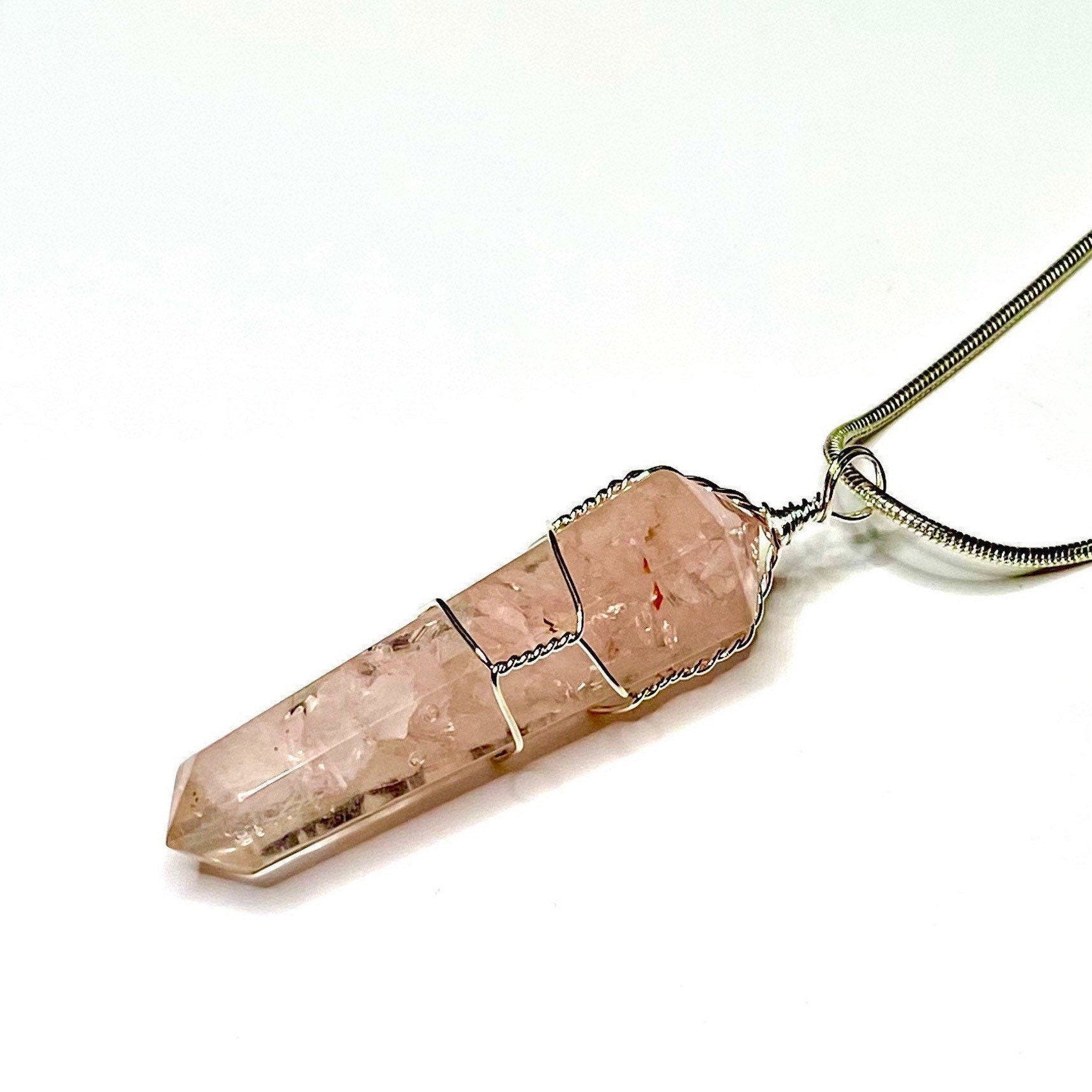 Rose Quartz in Orgonite Wire Wrapped Pendant Necklace