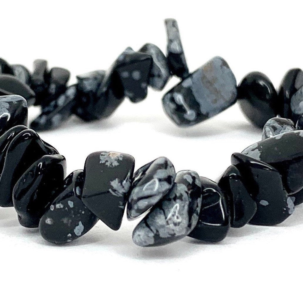 Snowflake Obsidian Crystal Chip Bracelet: Gemstone Beaded Stretch Bracelet