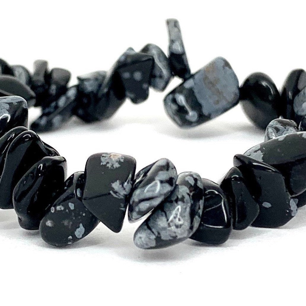 Snowflake Obsidian Crystal Chip Bracelet: Gemstone Beaded Stretch Bracelet