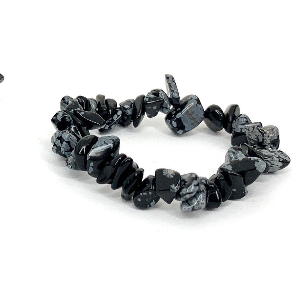 Snowflake Obsidian Crystal Chip Bracelet: Gemstone Beaded Stretch Bracelet