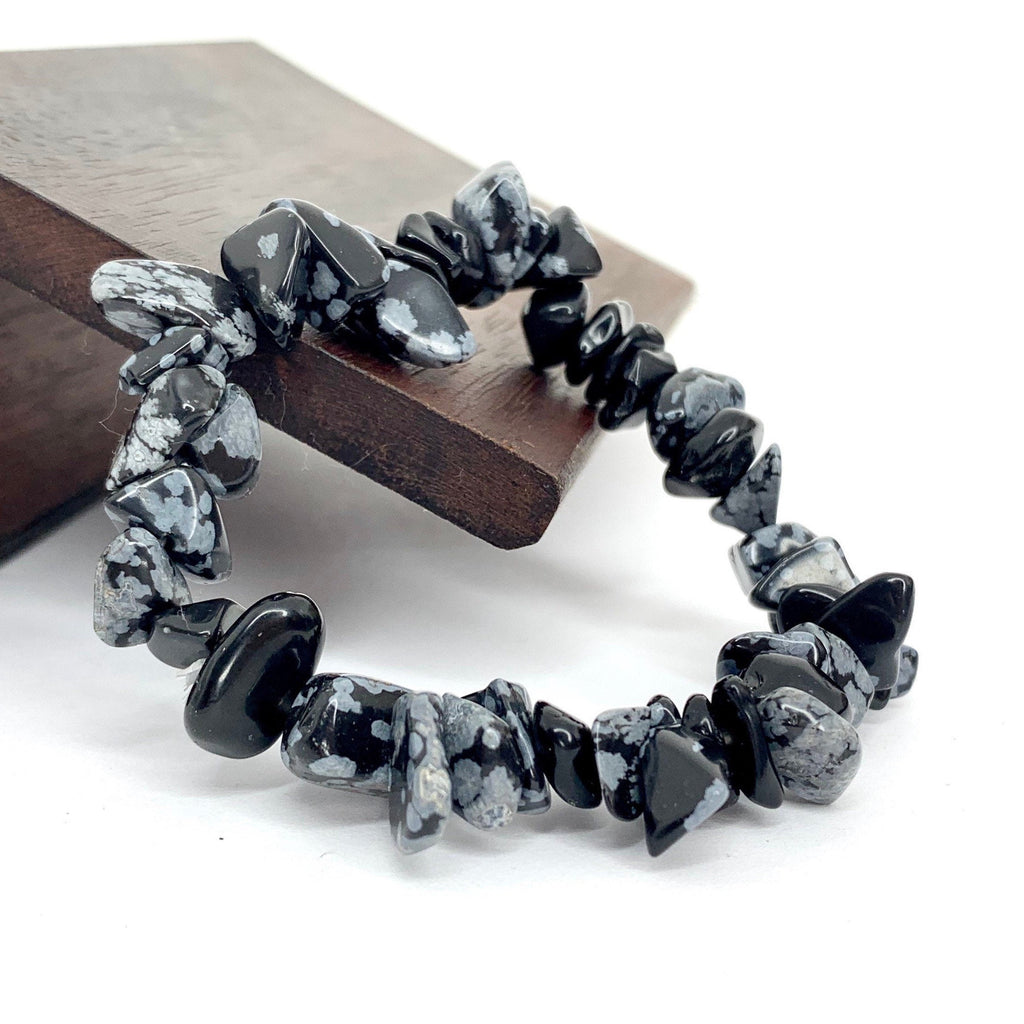 Snowflake Obsidian Crystal Chip Bracelet: Gemstone Beaded Stretch Bracelet