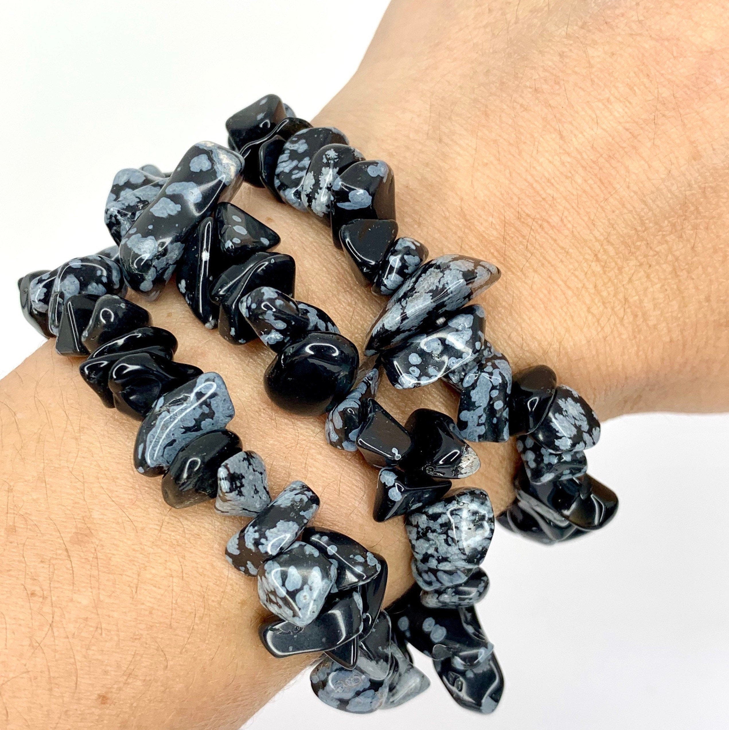 Snowflake Obsidian Crystal Chip Bracelet: Gemstone Beaded Stretch Bracelet