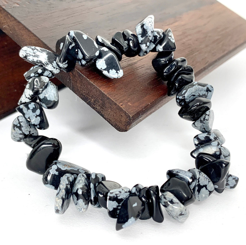 Snowflake Obsidian Crystal Chip Bracelet: Gemstone Beaded Stretch Bracelet
