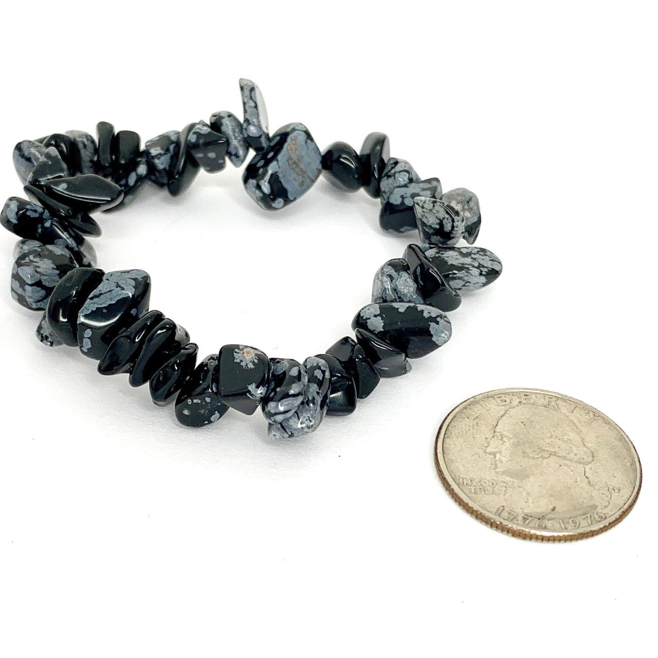 Snowflake Obsidian Crystal Chip Bracelet: Gemstone Beaded Stretch Bracelet