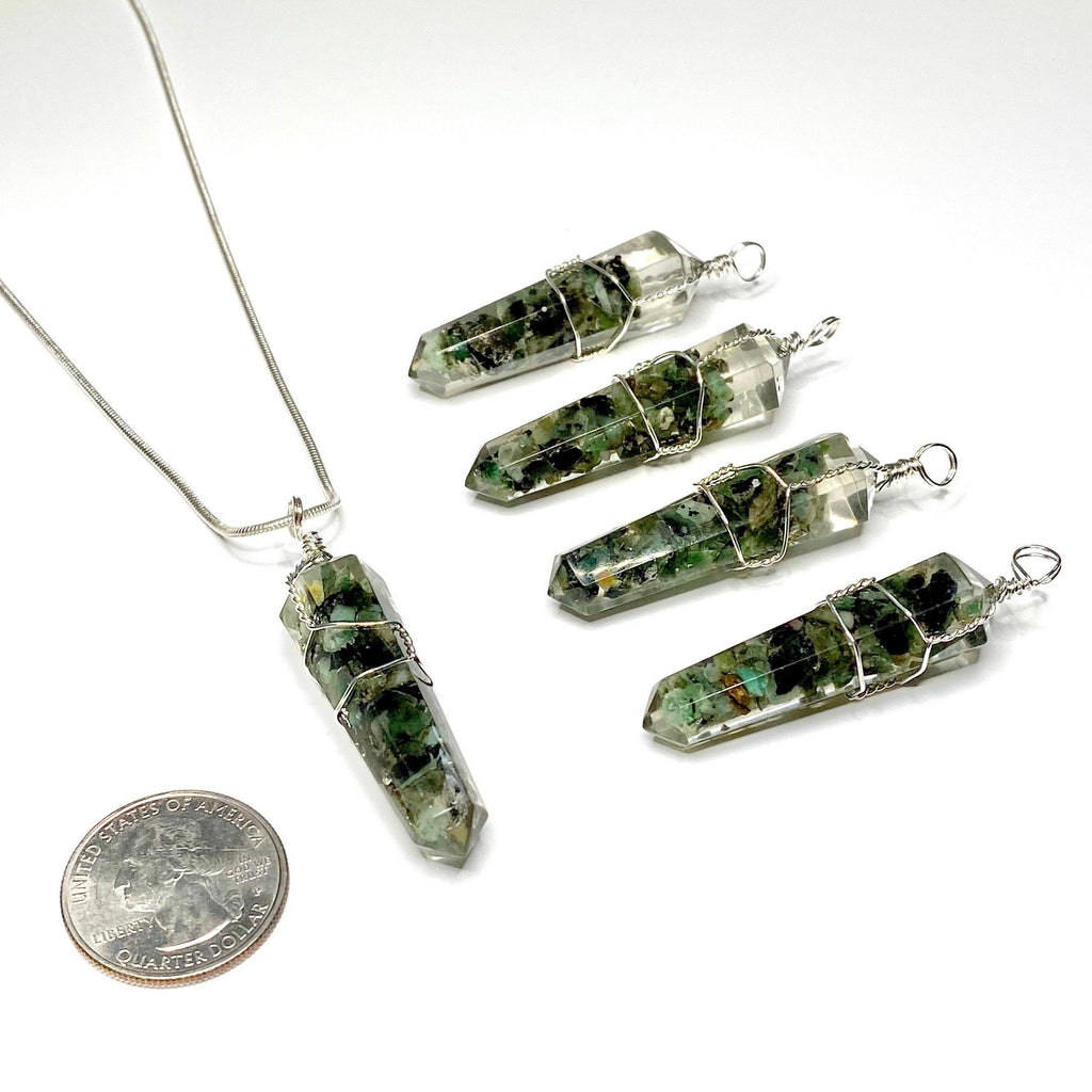 Emerald in Orgonite Wire Wrapped Pendant Necklace