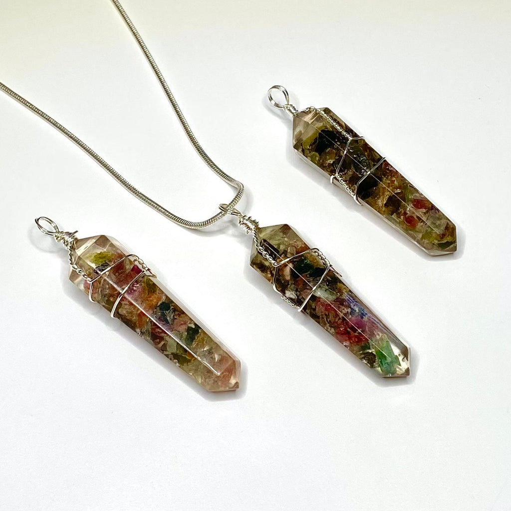 Watermelon Tourmaline in Orgonite Wire Wrapped Pendant Necklace
