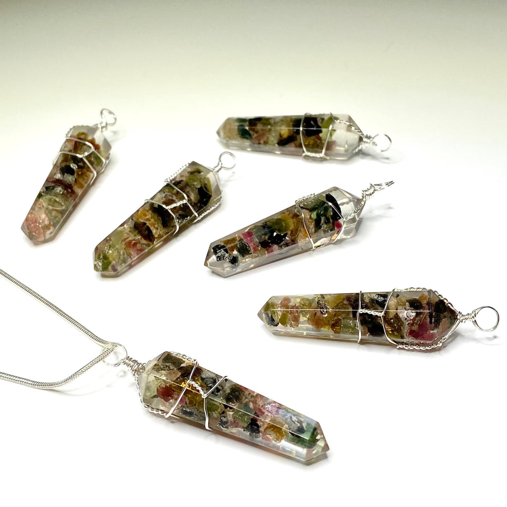 Watermelon Tourmaline in Orgonite Wire Wrapped Pendant Necklace