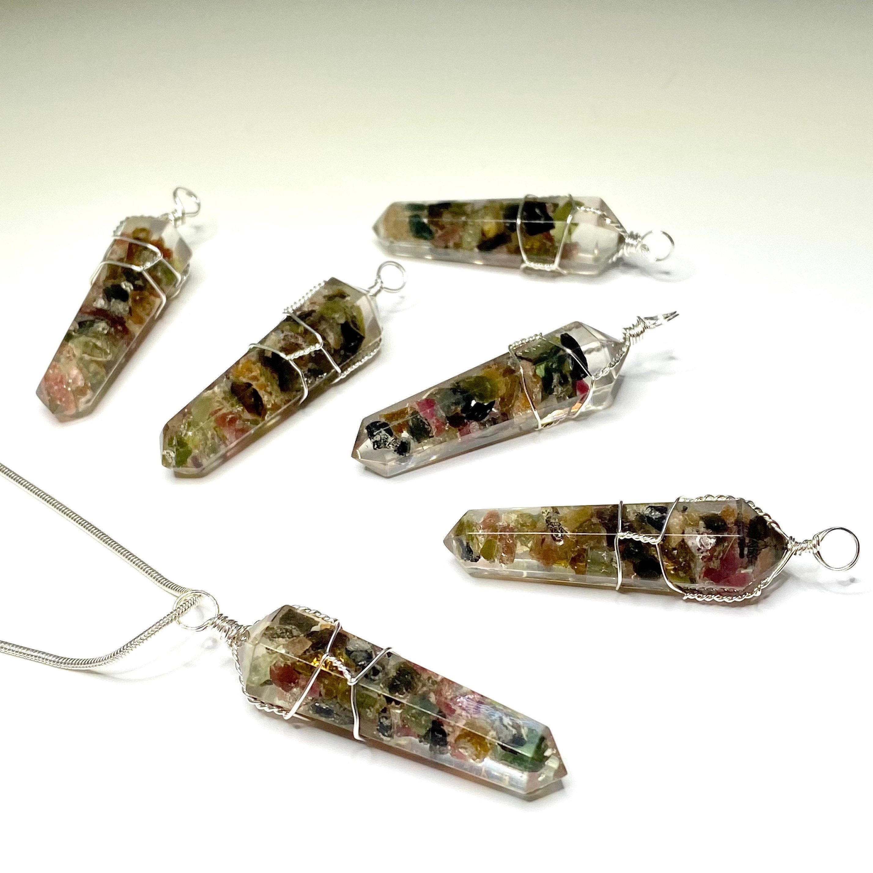 Watermelon Tourmaline in Orgonite Wire Wrapped Pendant Necklace