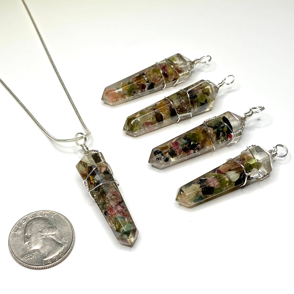 Watermelon Tourmaline in Orgonite Wire Wrapped Pendant Necklace