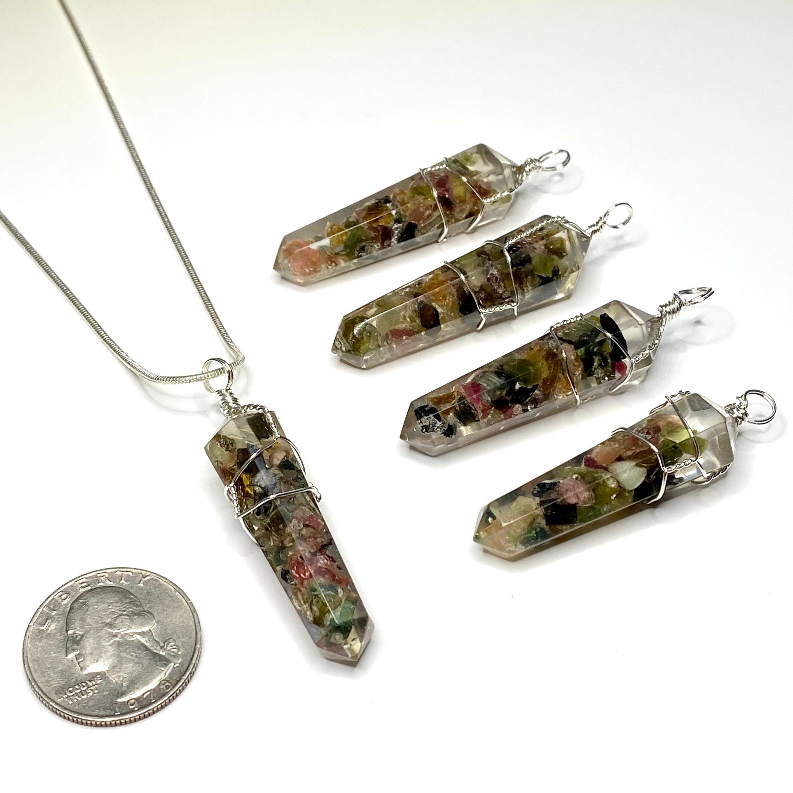 Watermelon Tourmaline in Orgonite Wire Wrapped Pendant Necklace