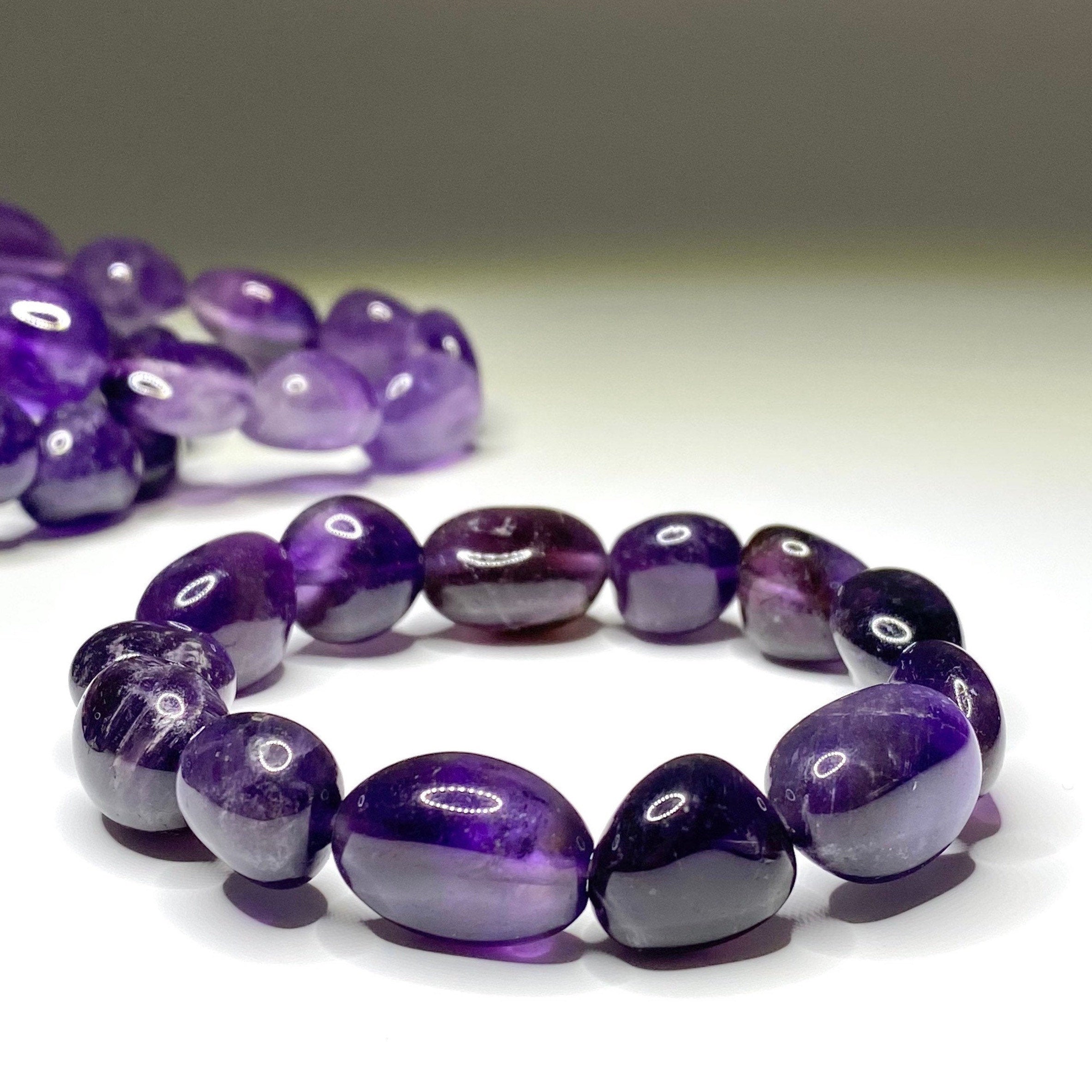 Amethyst Jelly Bean Crystal Bracelet: 10mm Gemstone Beaded Stretch Bracelet