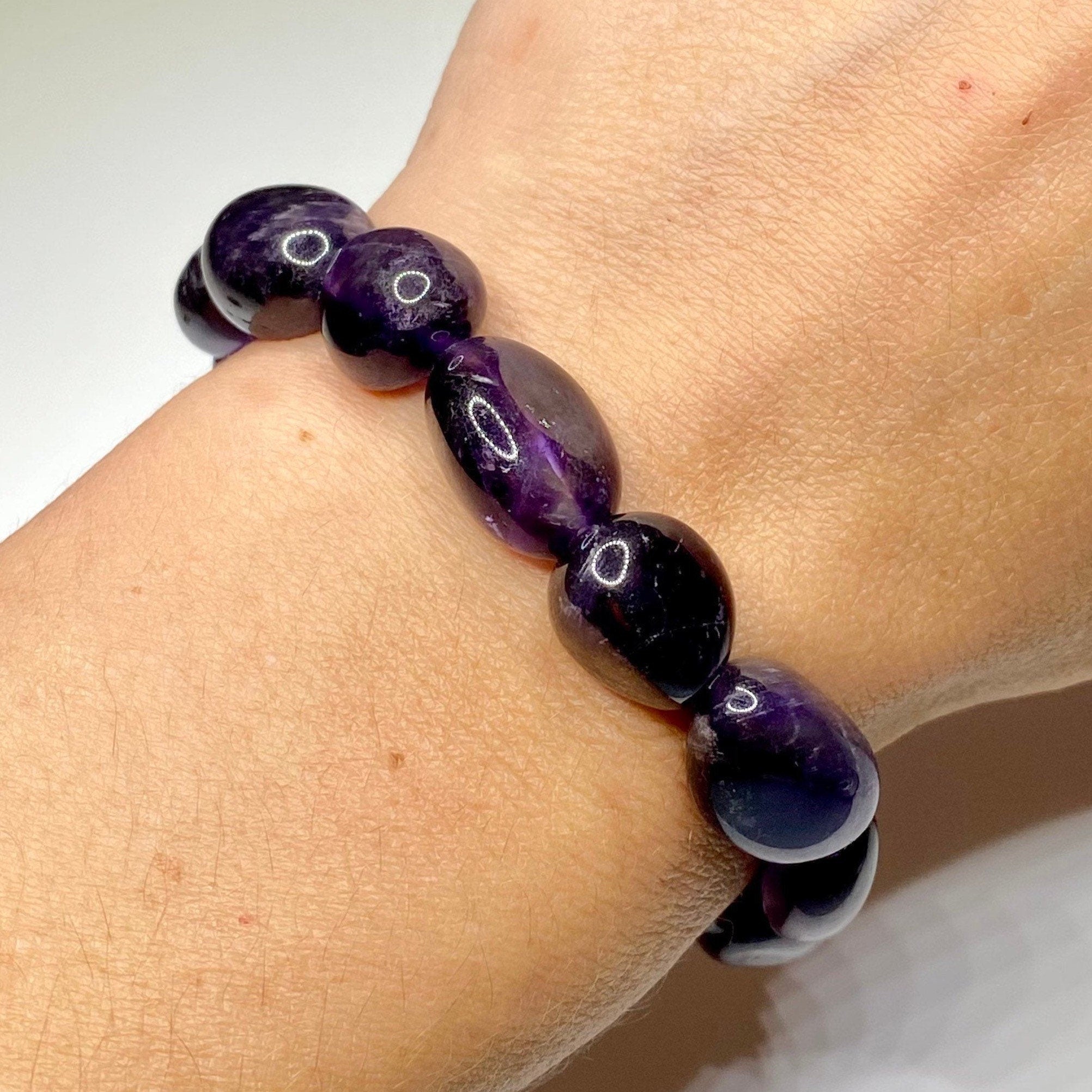 Amethyst Jelly Bean Crystal Bracelet: 10mm Gemstone Beaded Stretch Bracelet