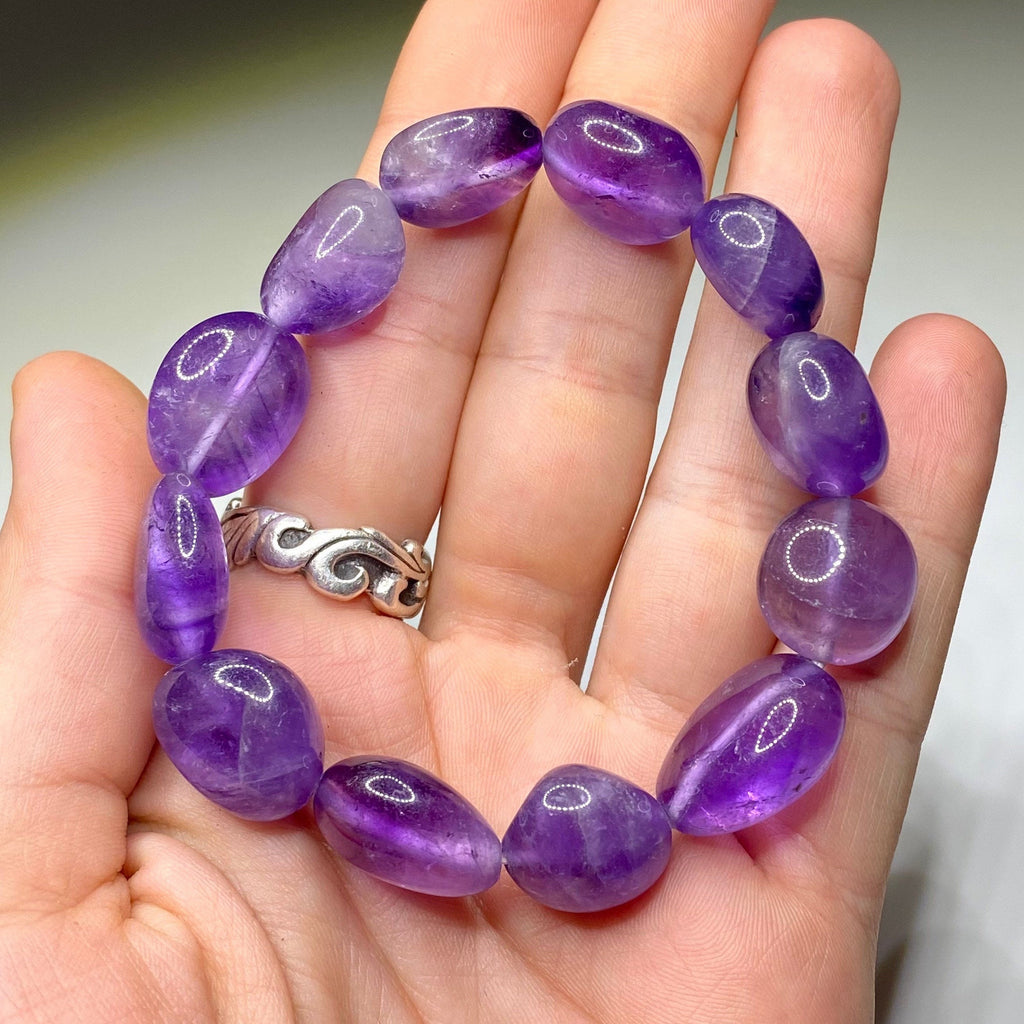Amethyst Jelly Bean Crystal Bracelet: 10mm Gemstone Beaded Stretch Bracelet