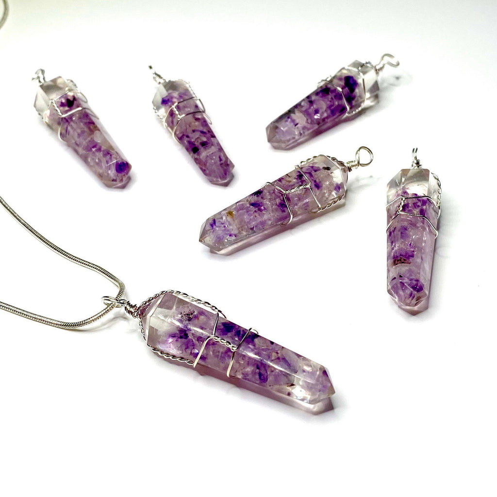 Amethyst in Orgonite Wire Wrapped Pendant Necklace
