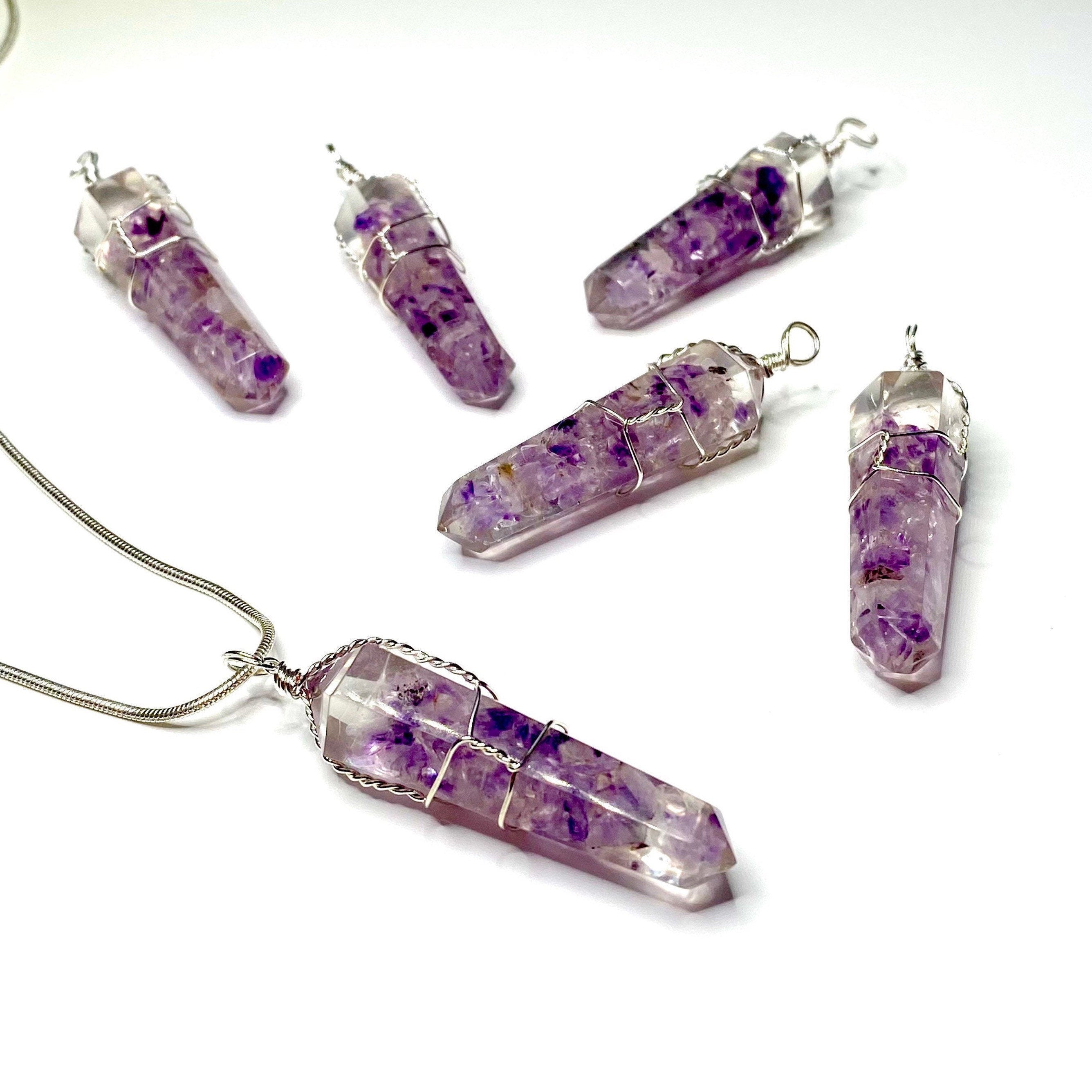 Amethyst in Orgonite Wire Wrapped Pendant Necklace